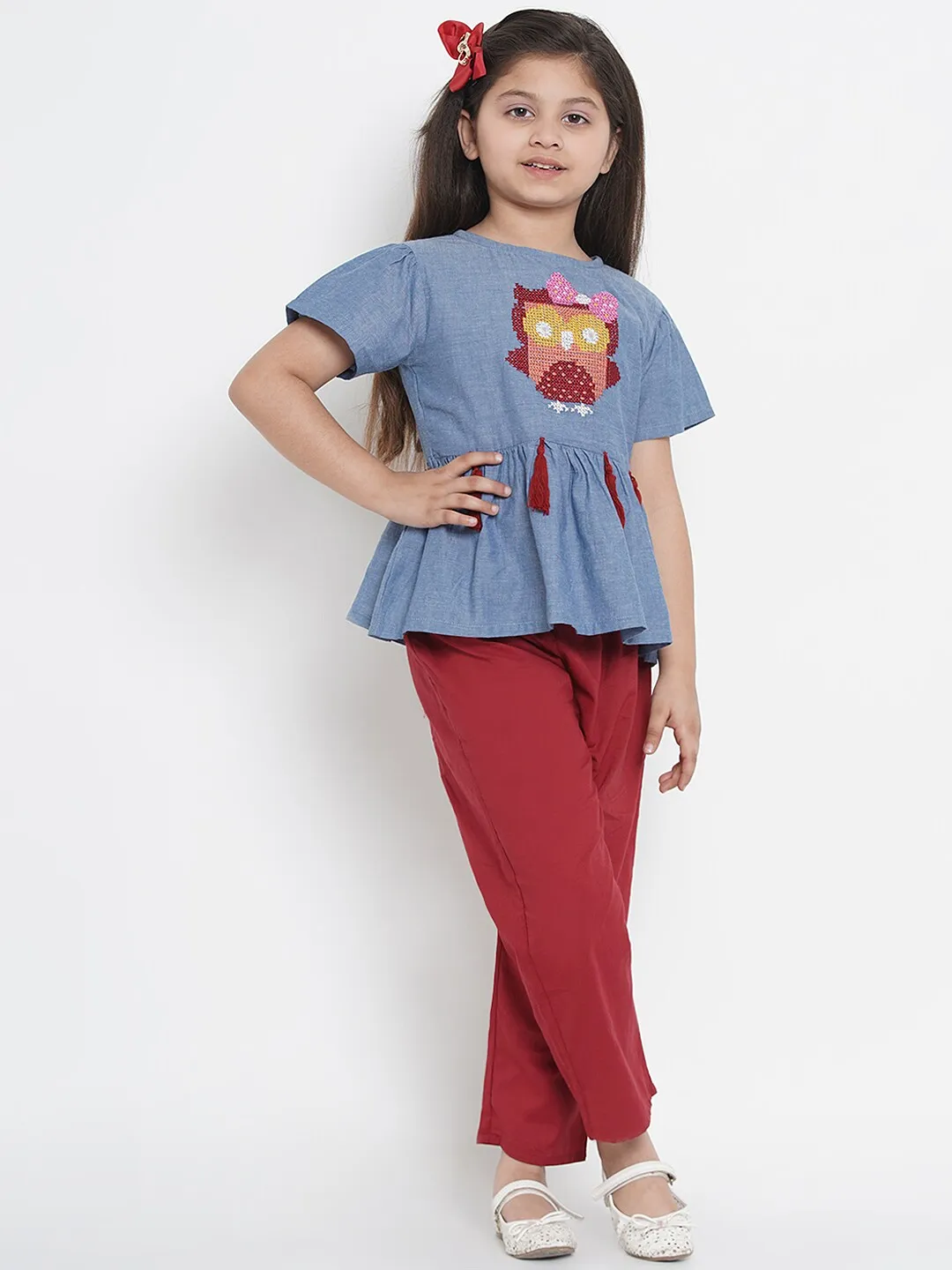 Girl's Blue & Maroon Embellished Top & Trouser Set  - NOZ2TOZ KIDS