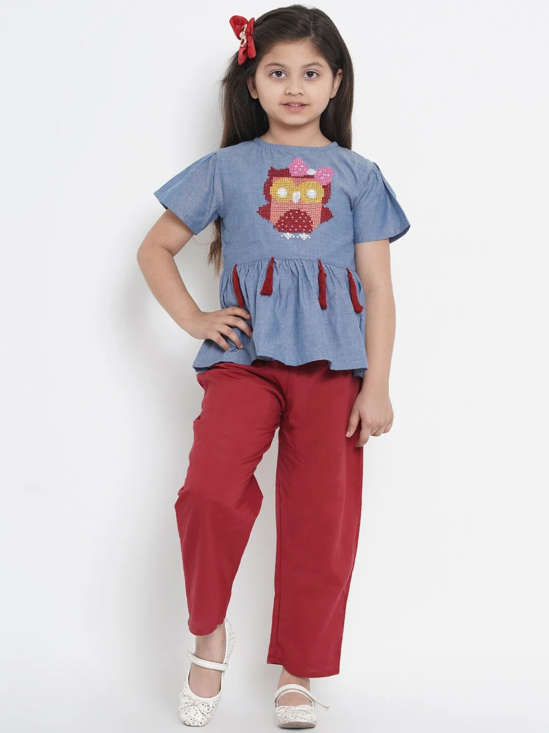 Girl's Blue & Maroon Embellished Top & Trouser Set  - NOZ2TOZ KIDS