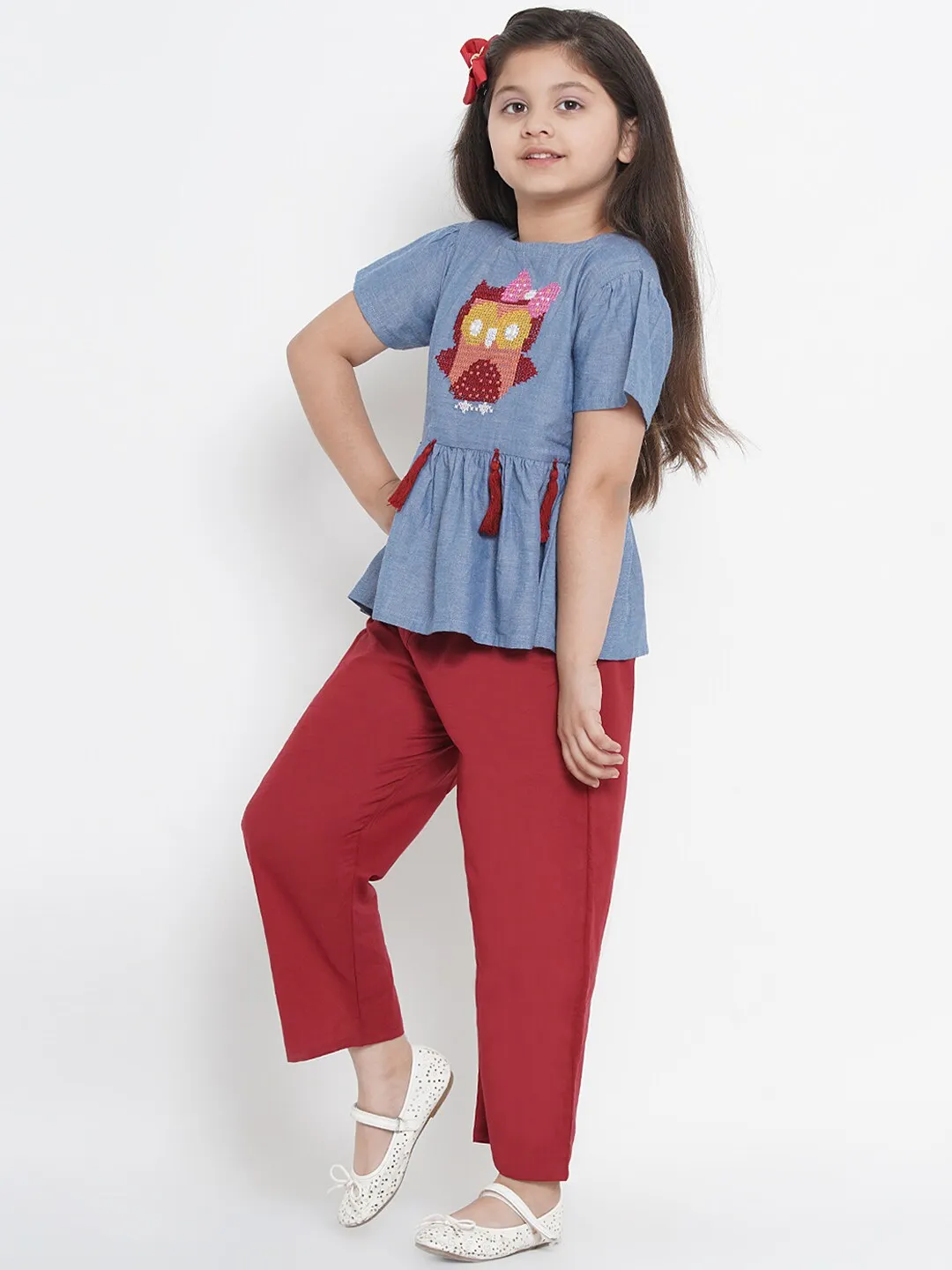 Girl's Blue & Maroon Embellished Top & Trouser Set  - NOZ2TOZ KIDS