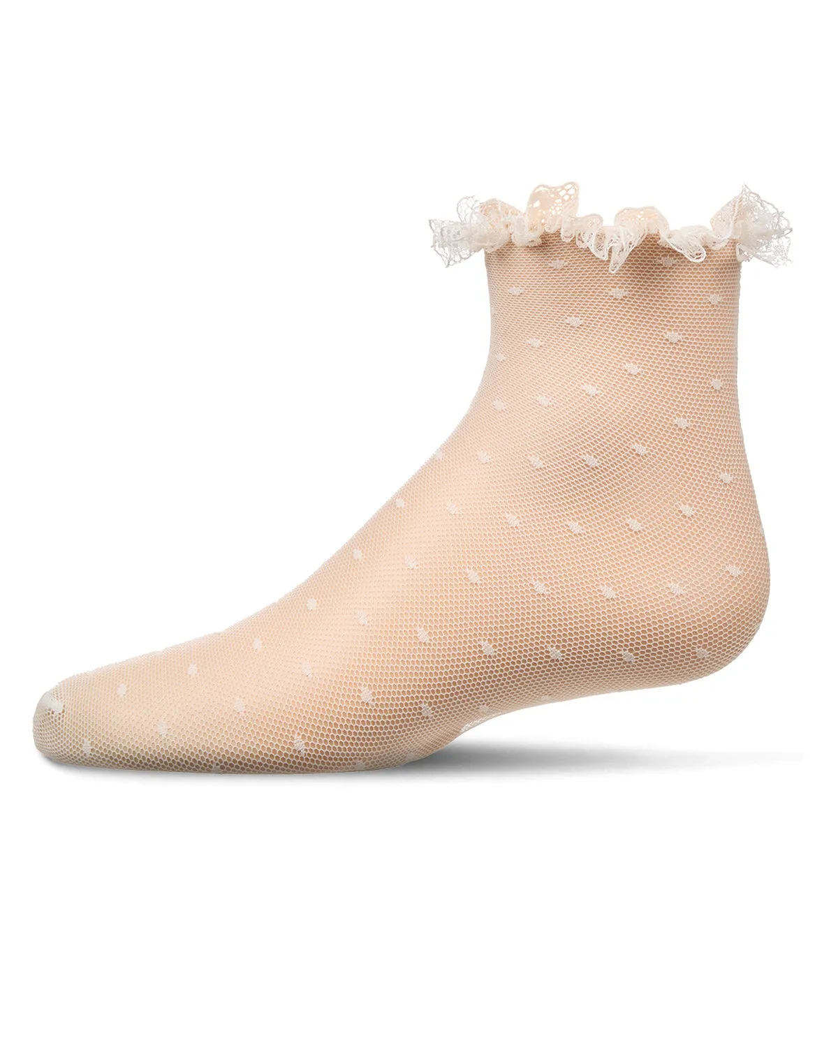 Girls Mesh Dot Pattern Lace Trim Ankle Sock