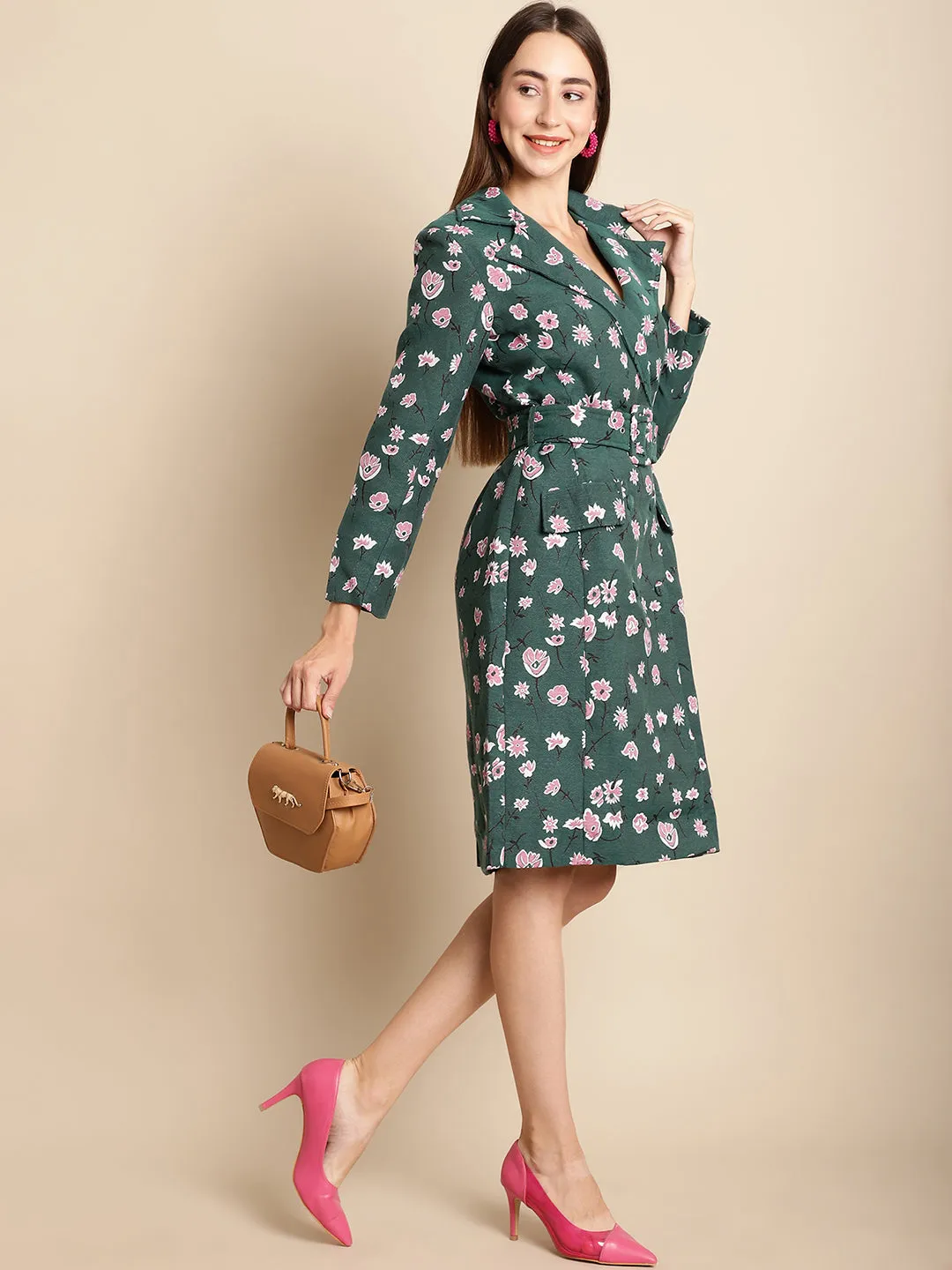 Green Floral Blazer Jacquard Dress