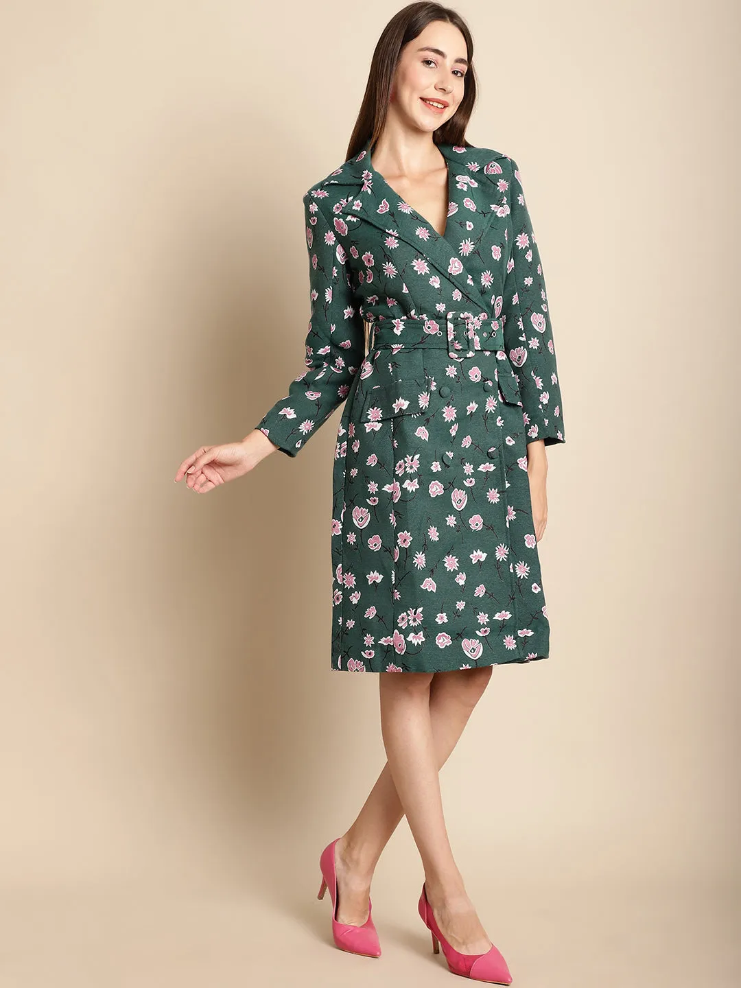 Green Floral Blazer Jacquard Dress