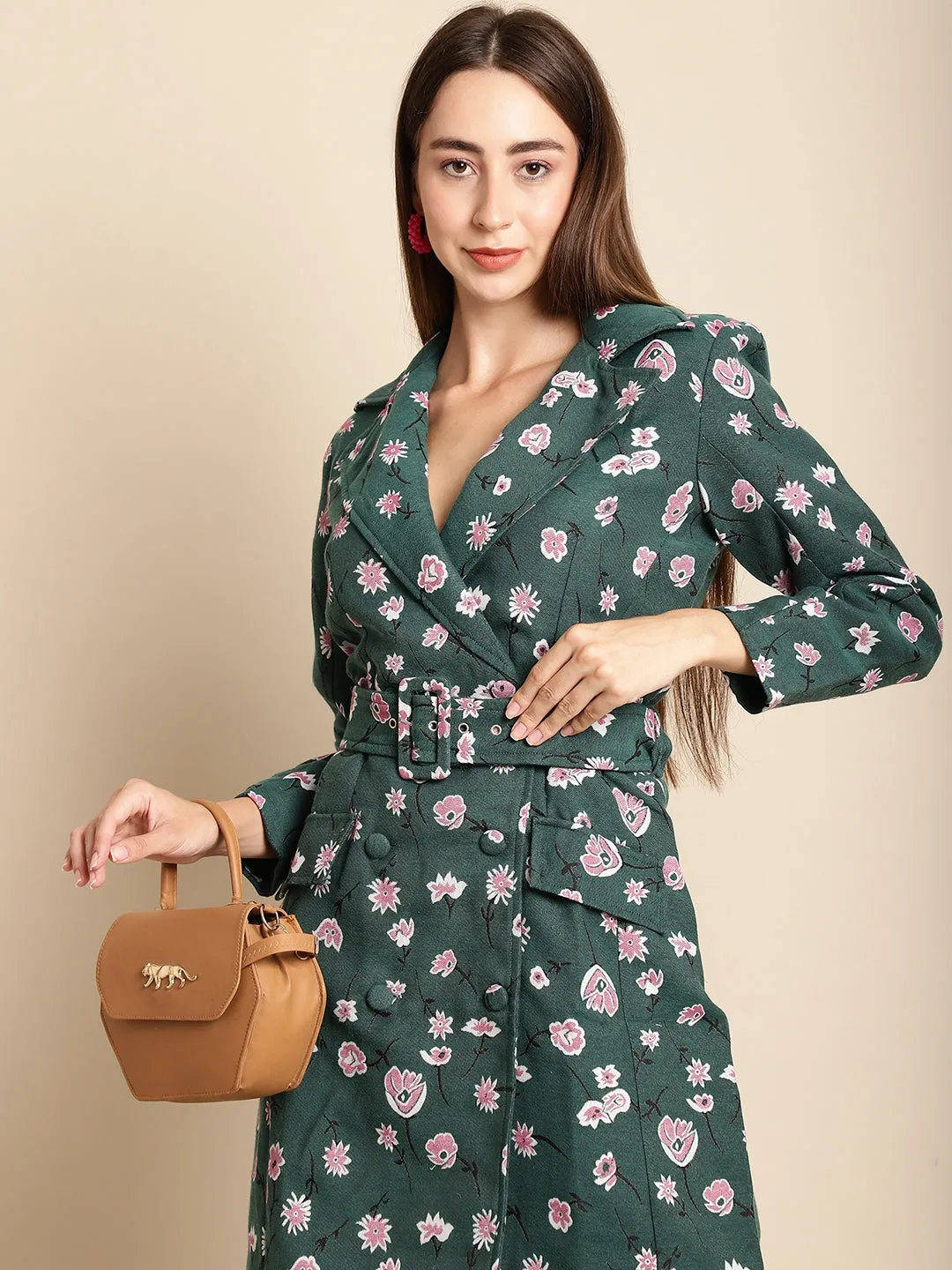 Green Floral Blazer Jacquard Dress