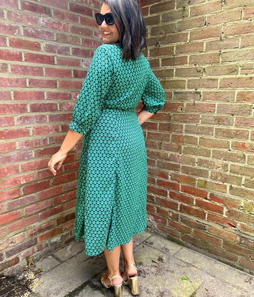 Green Geo Print Midi Shirt Dress