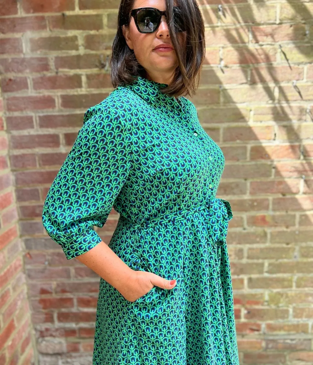 Green Geo Print Midi Shirt Dress