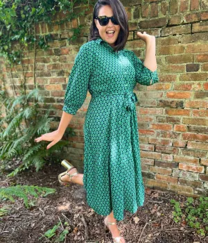 Green Geo Print Midi Shirt Dress