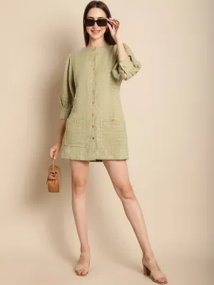 Green Tweed Puffed Sleeve Dress