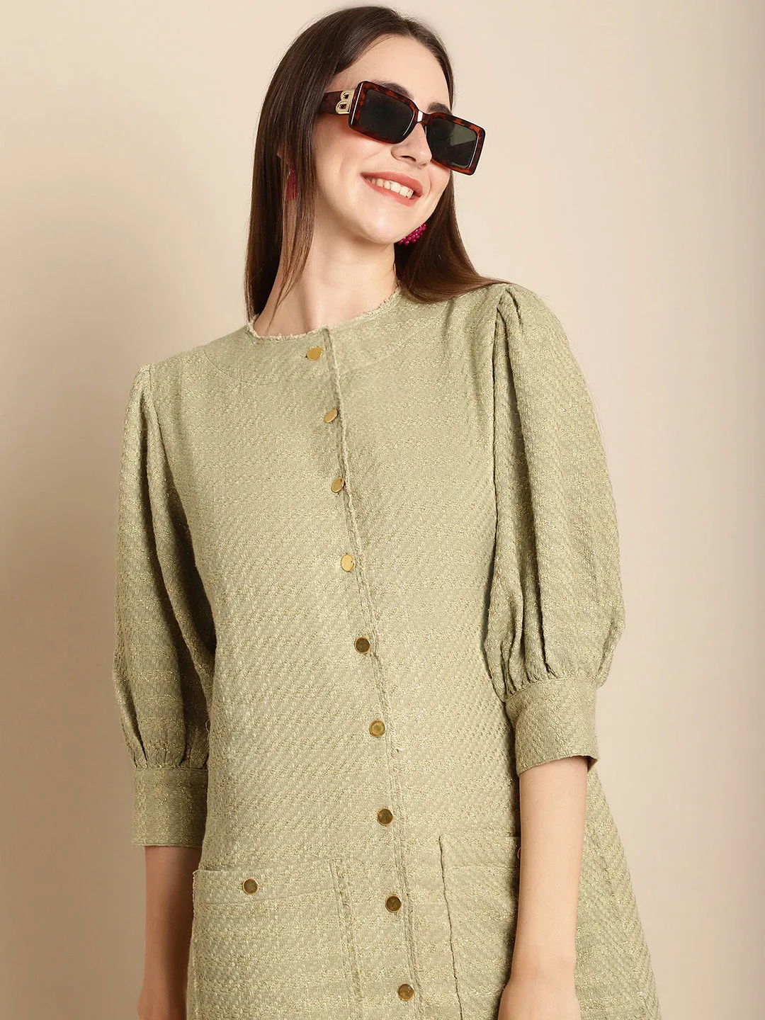 Green Tweed Puffed Sleeve Dress