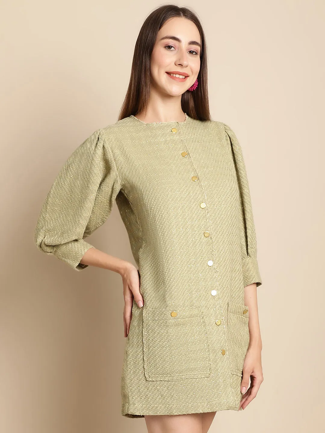 Green Tweed Puffed Sleeve Dress