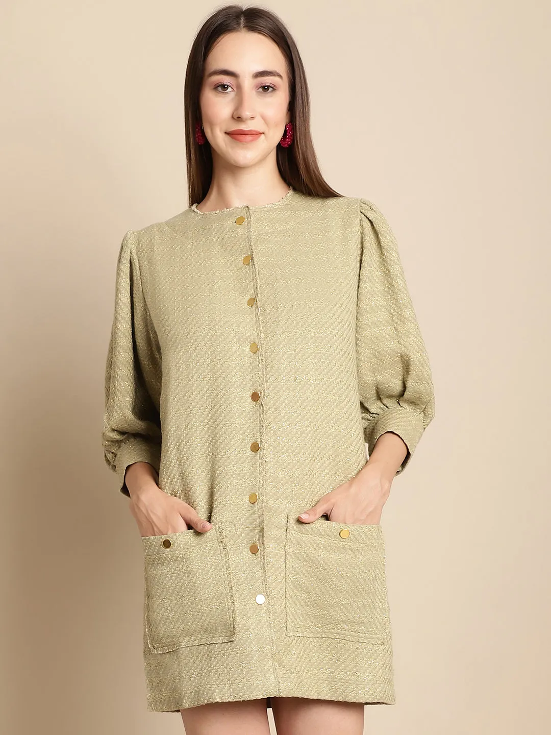 Green Tweed Puffed Sleeve Dress