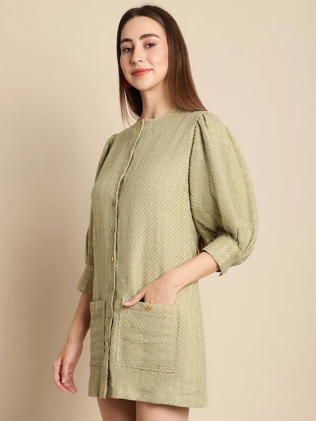 Green Tweed Puffed Sleeve Dress