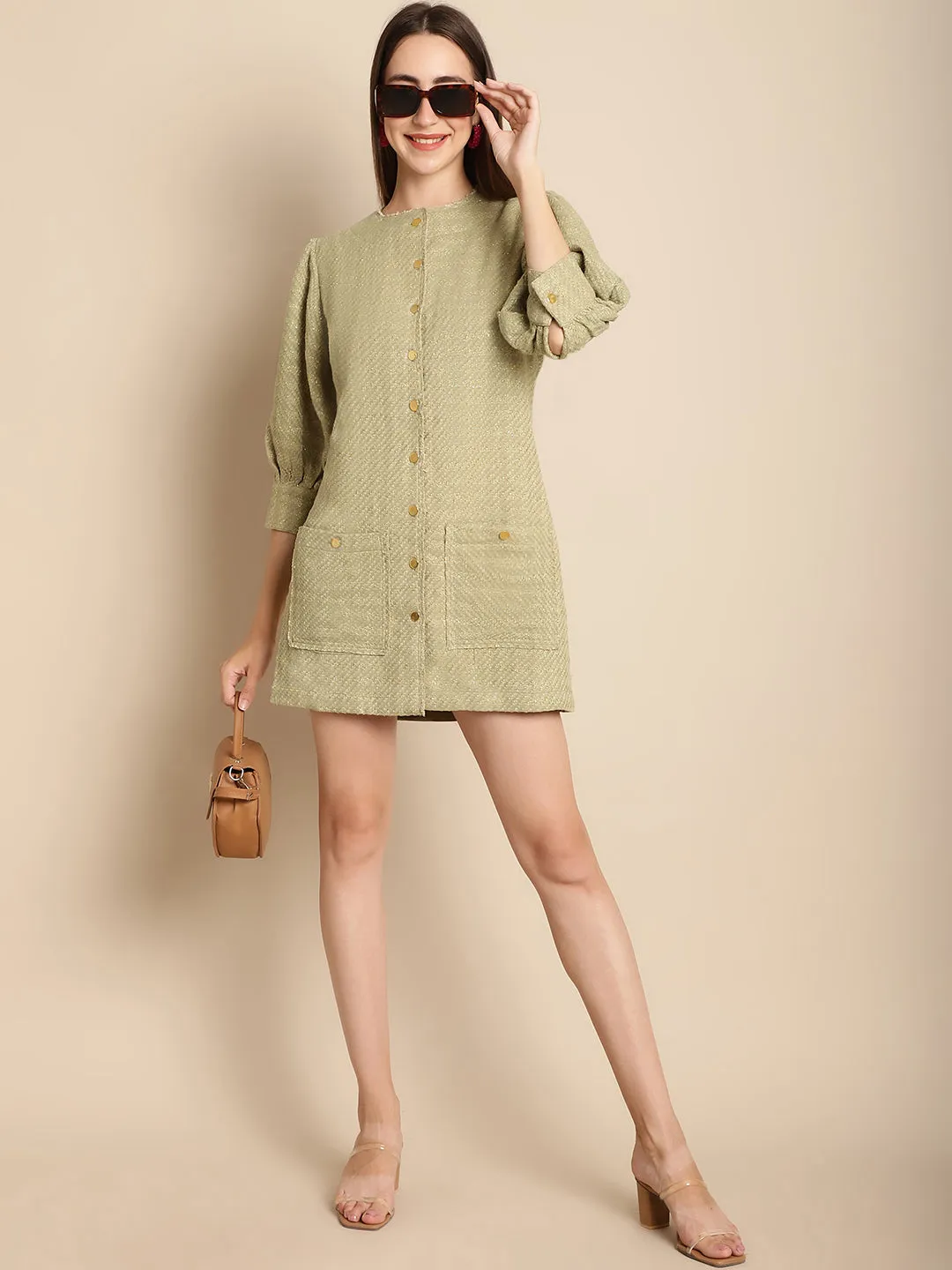 Green Tweed Puffed Sleeve Dress