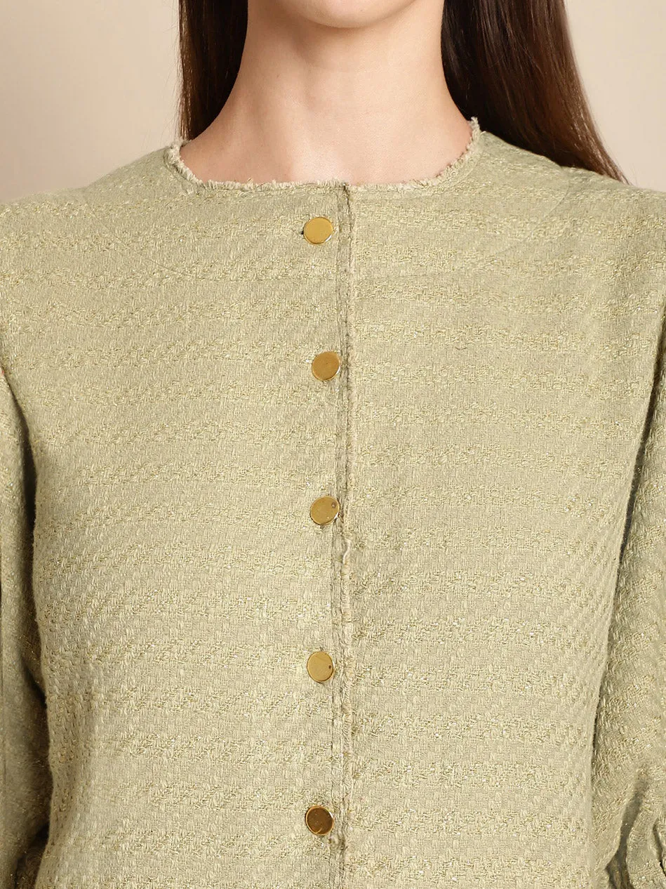 Green Tweed Puffed Sleeve Dress