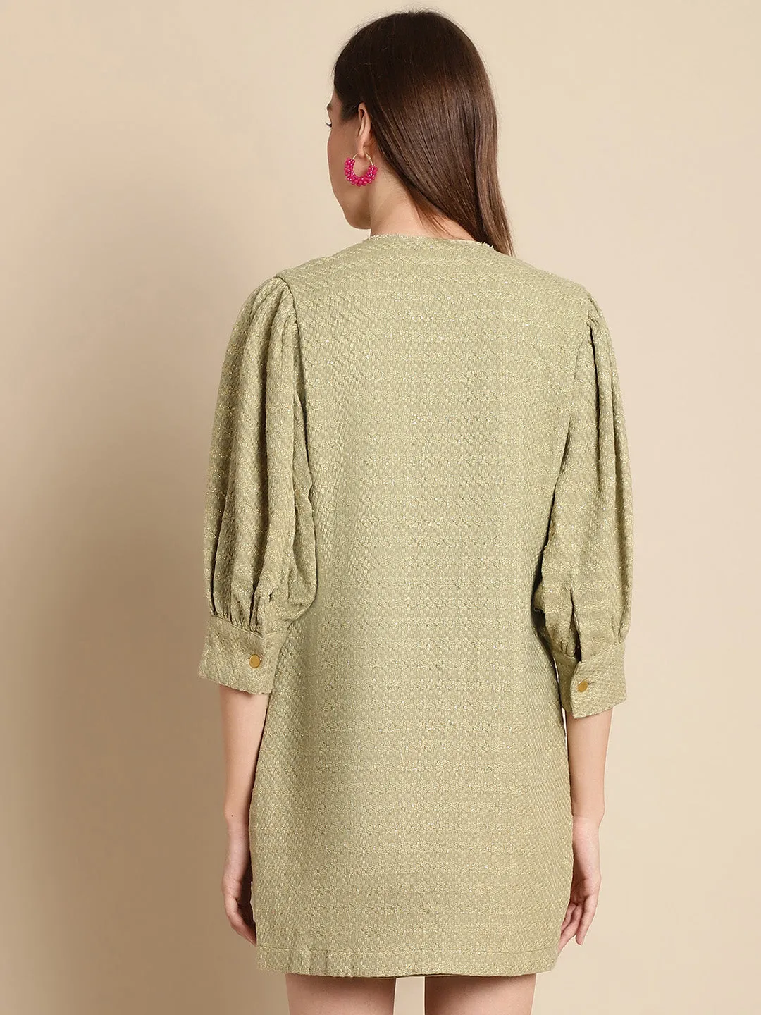 Green Tweed Puffed Sleeve Dress