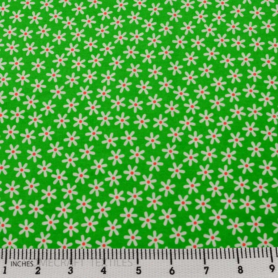 Green White Daisies Cotton Print