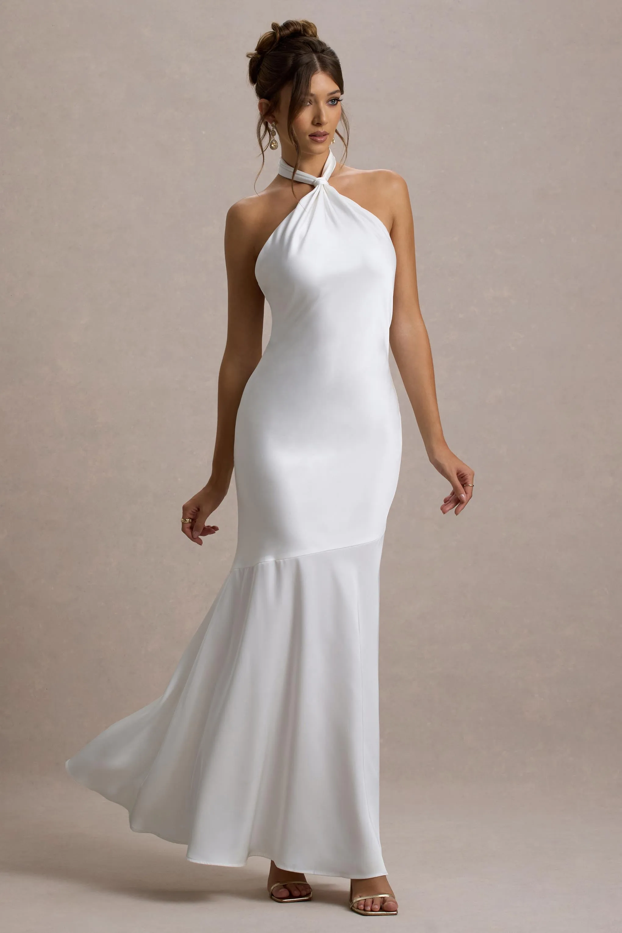 Knox | White Satin Knot Halter-Neck Maxi Dress