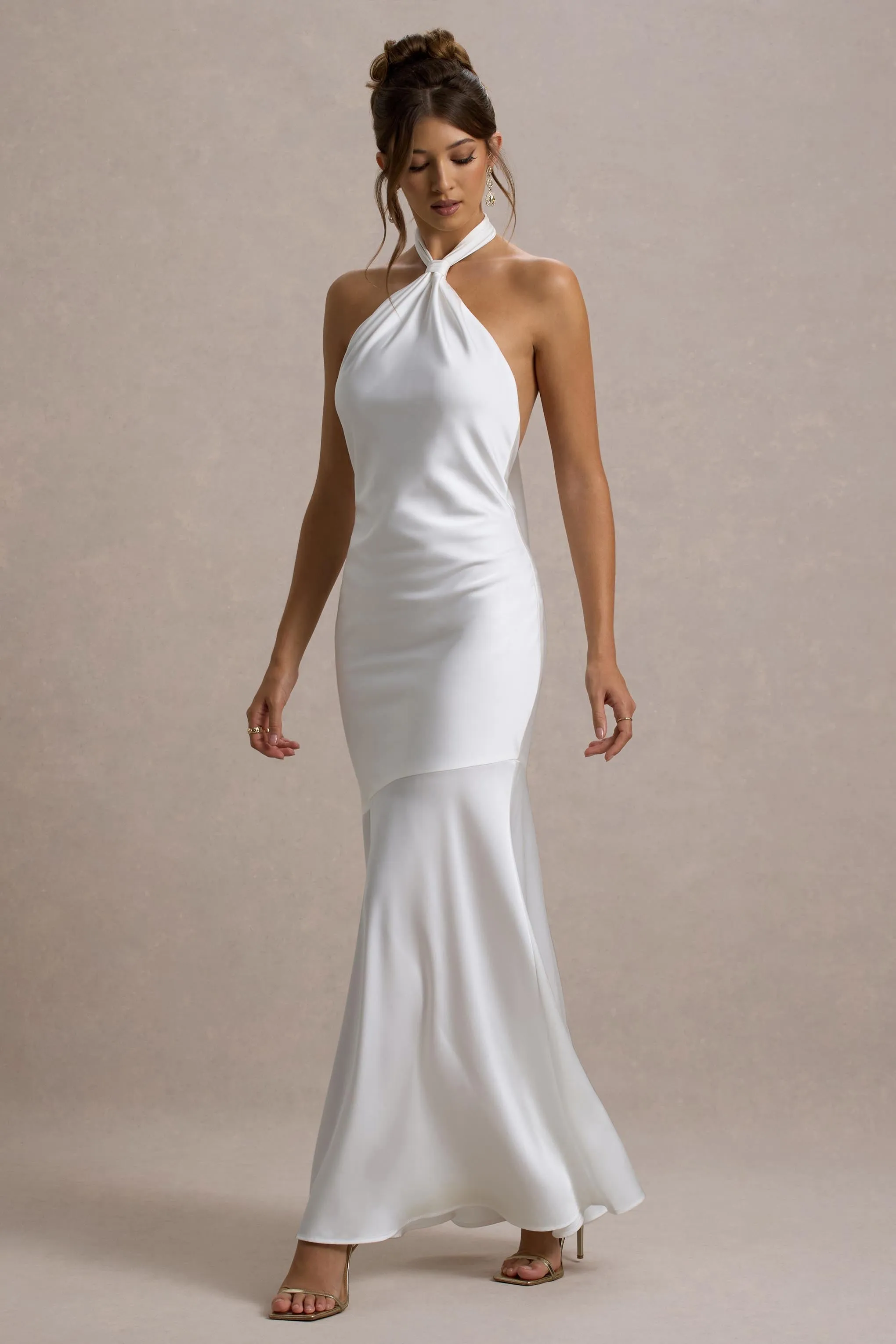 Knox | White Satin Knot Halter-Neck Maxi Dress