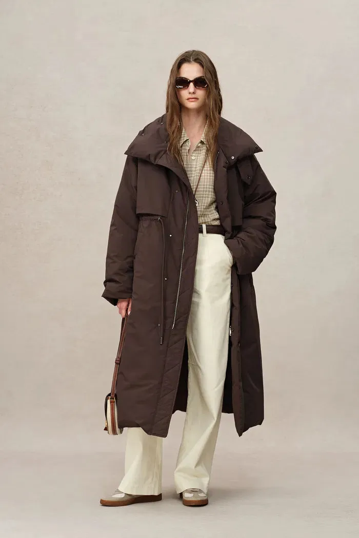 Maddalena UltraLight Brown Long Down Coat in Tear and Water Repellent Fabric