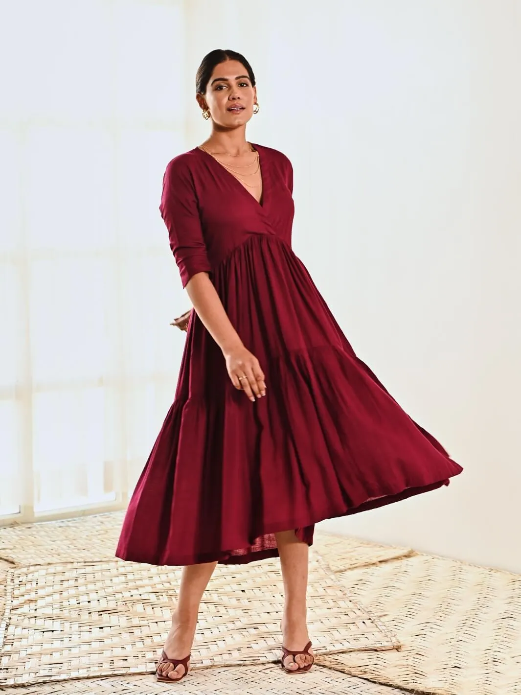 Maroon Cotton V neck Maxi Long Dress