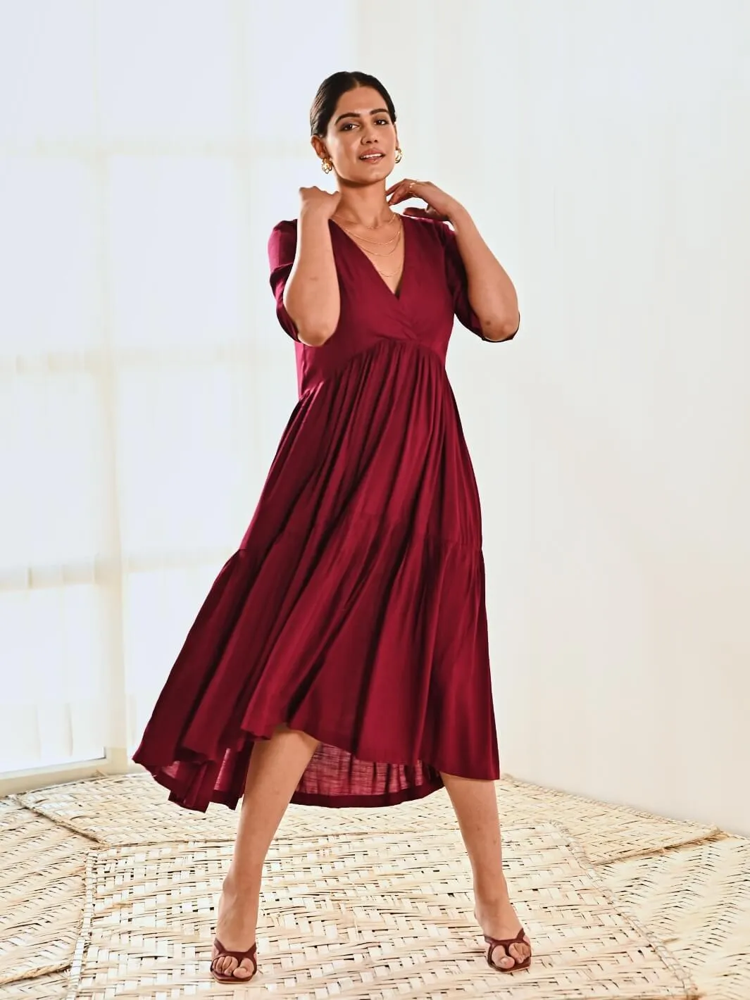 Maroon Cotton V neck Maxi Long Dress