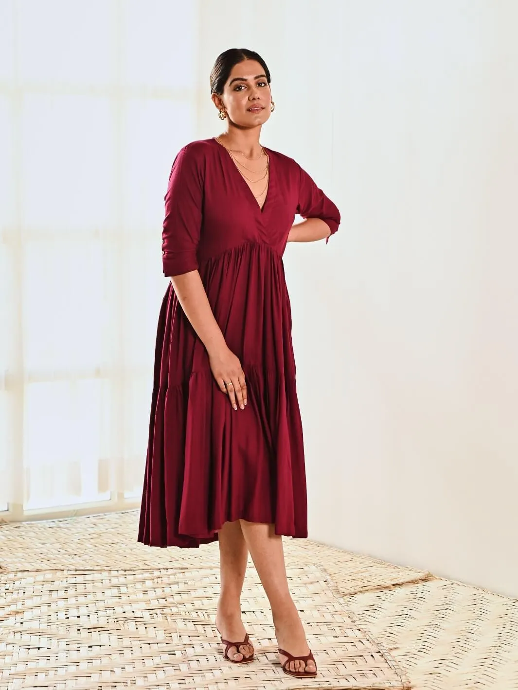 Maroon Cotton V neck Maxi Long Dress