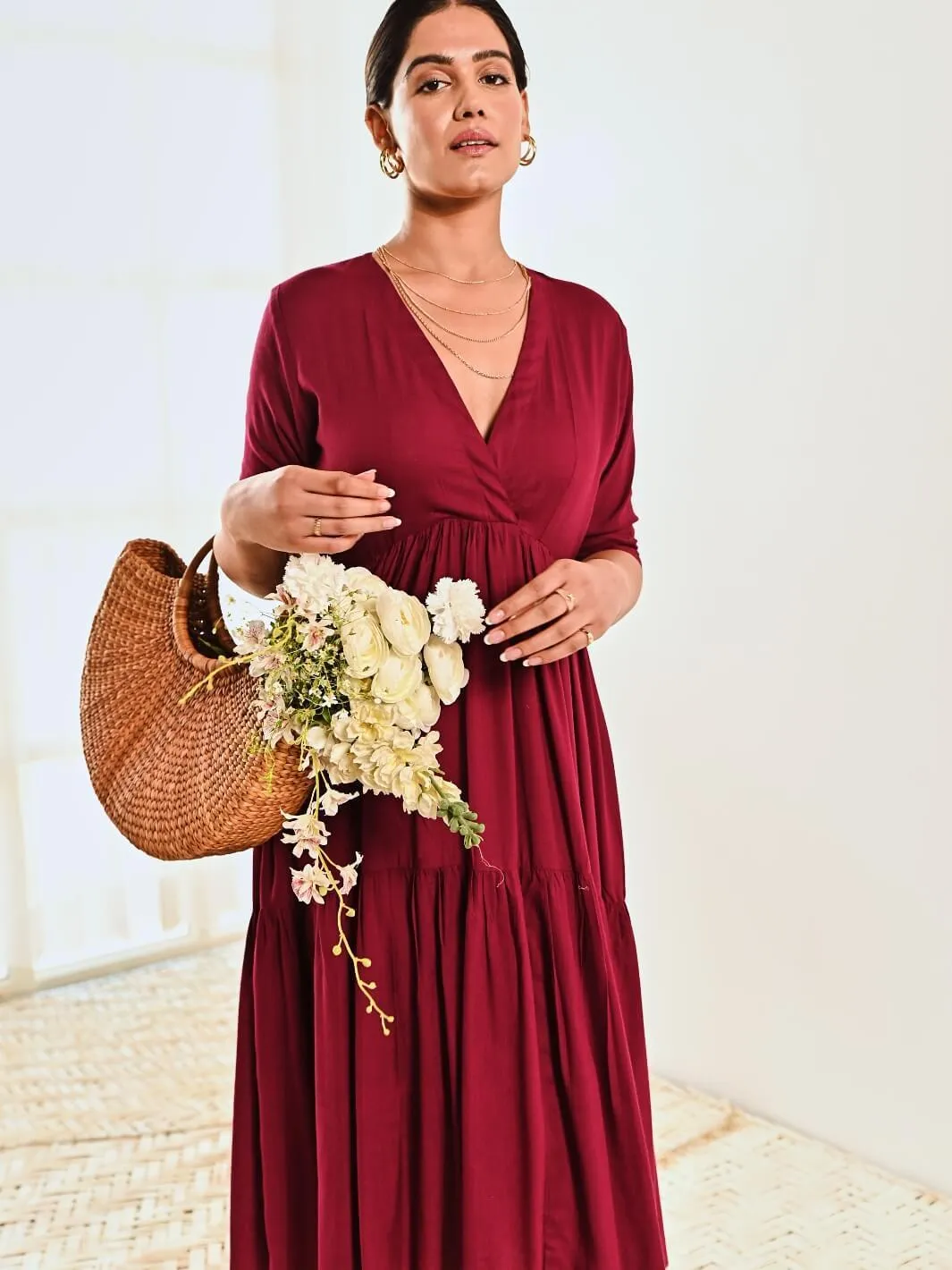 Maroon Cotton V neck Maxi Long Dress