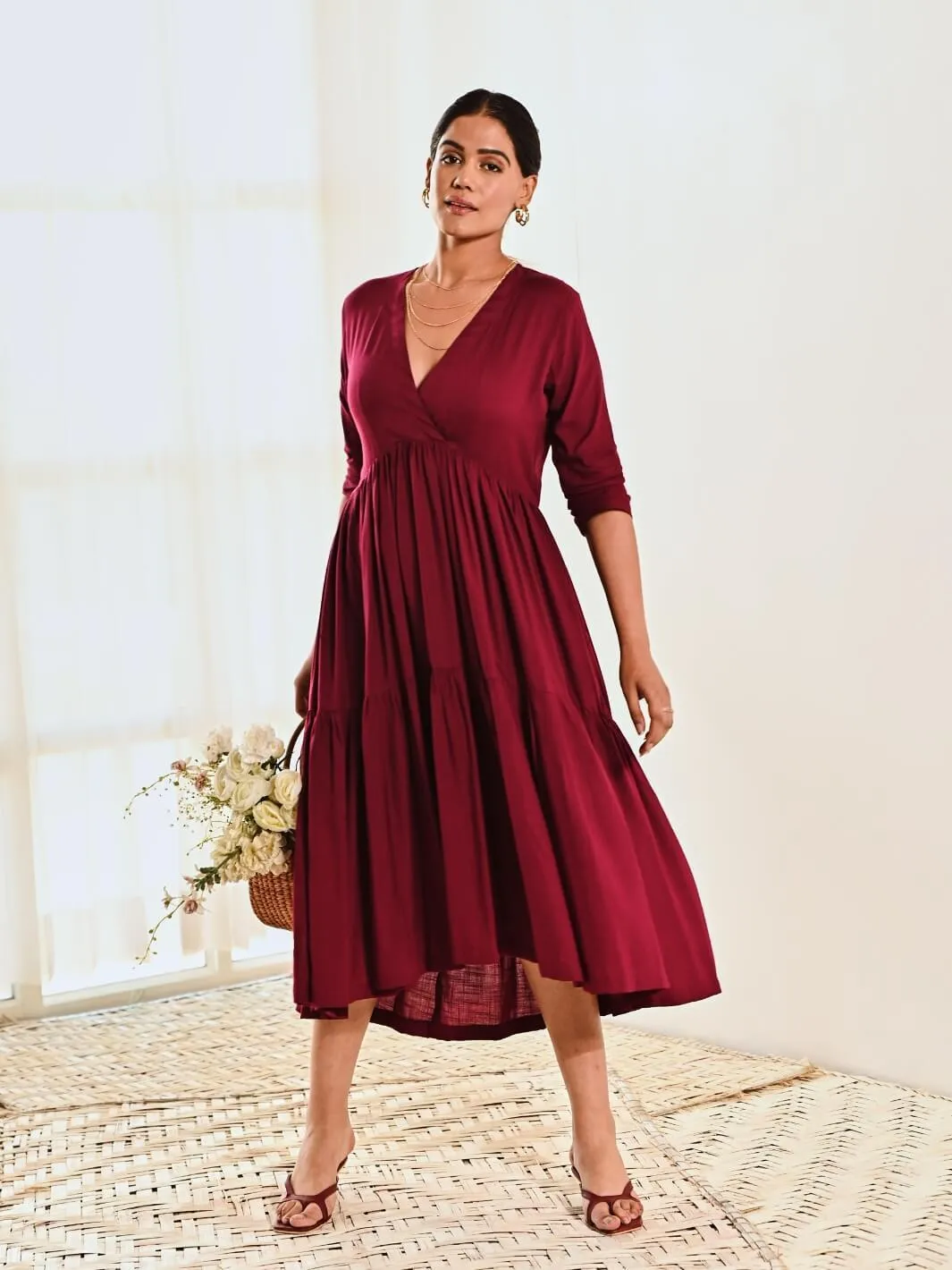 Maroon Cotton V neck Maxi Long Dress