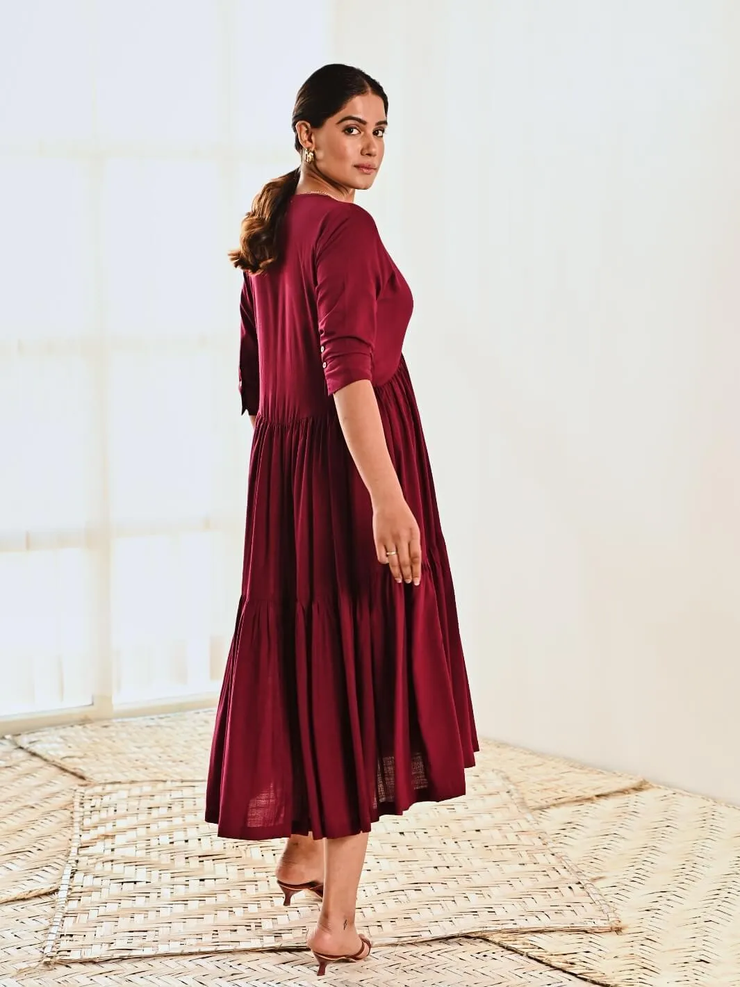 Maroon Cotton V neck Maxi Long Dress