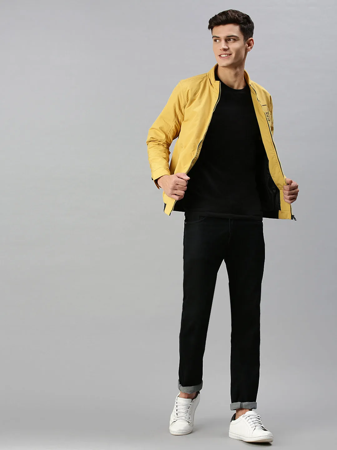 Men Printed Yellow Sporty Jacket