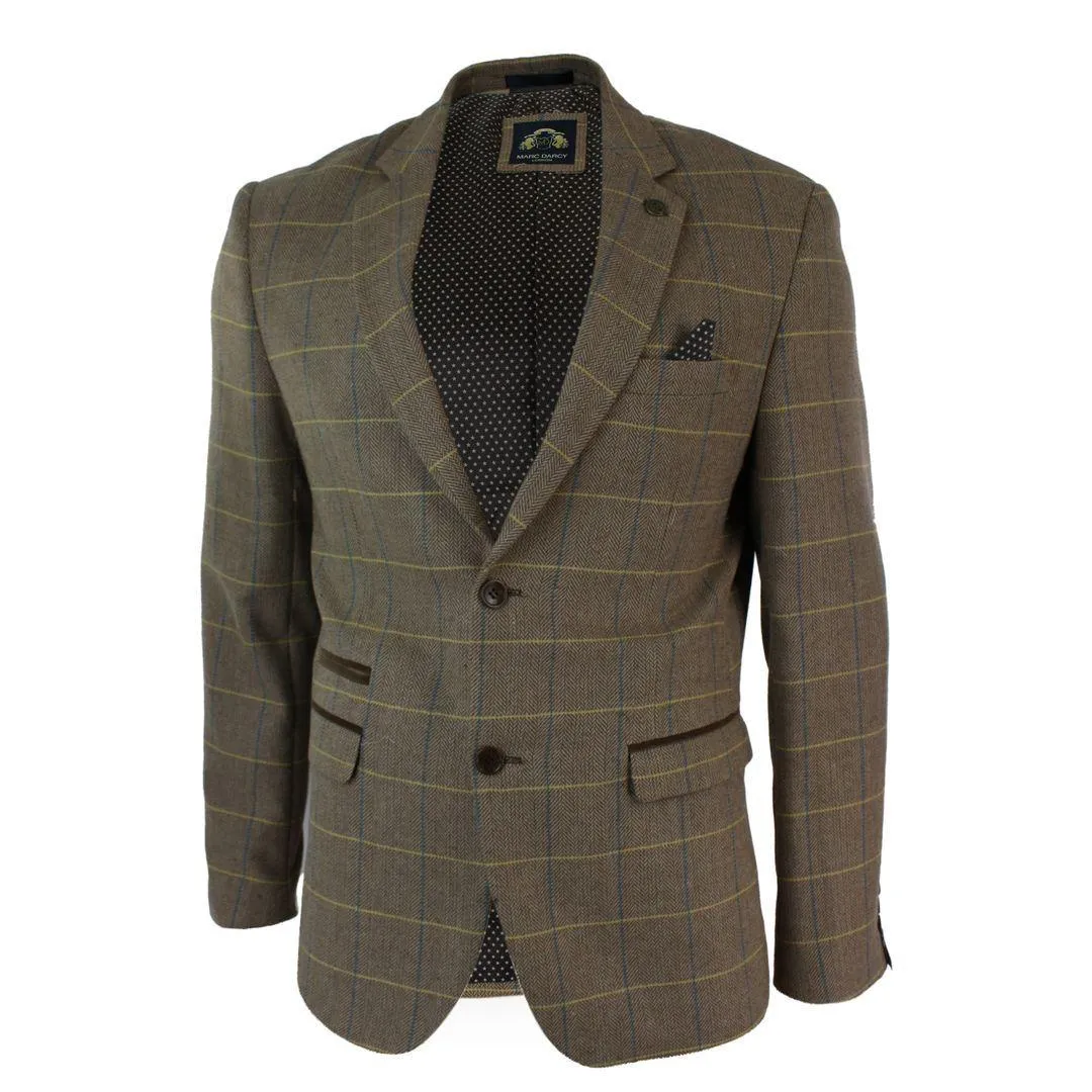 Mens Check Vintage Herringbone Tweed Tan Brown Blazer Jacket Fitted