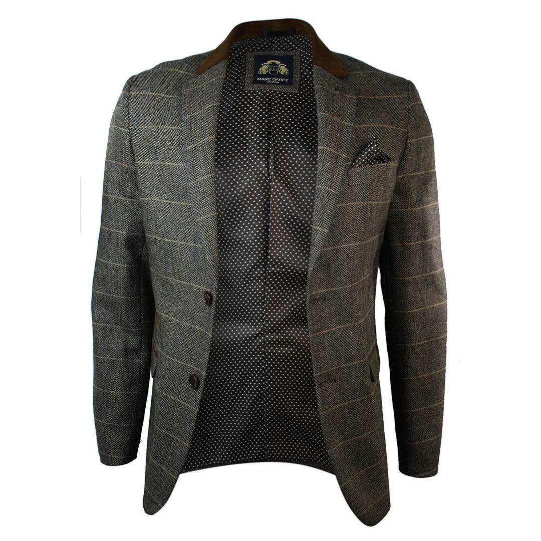 Mens Check Vintage Herringbone Tweed Tan Brown Blazer Jacket Fitted