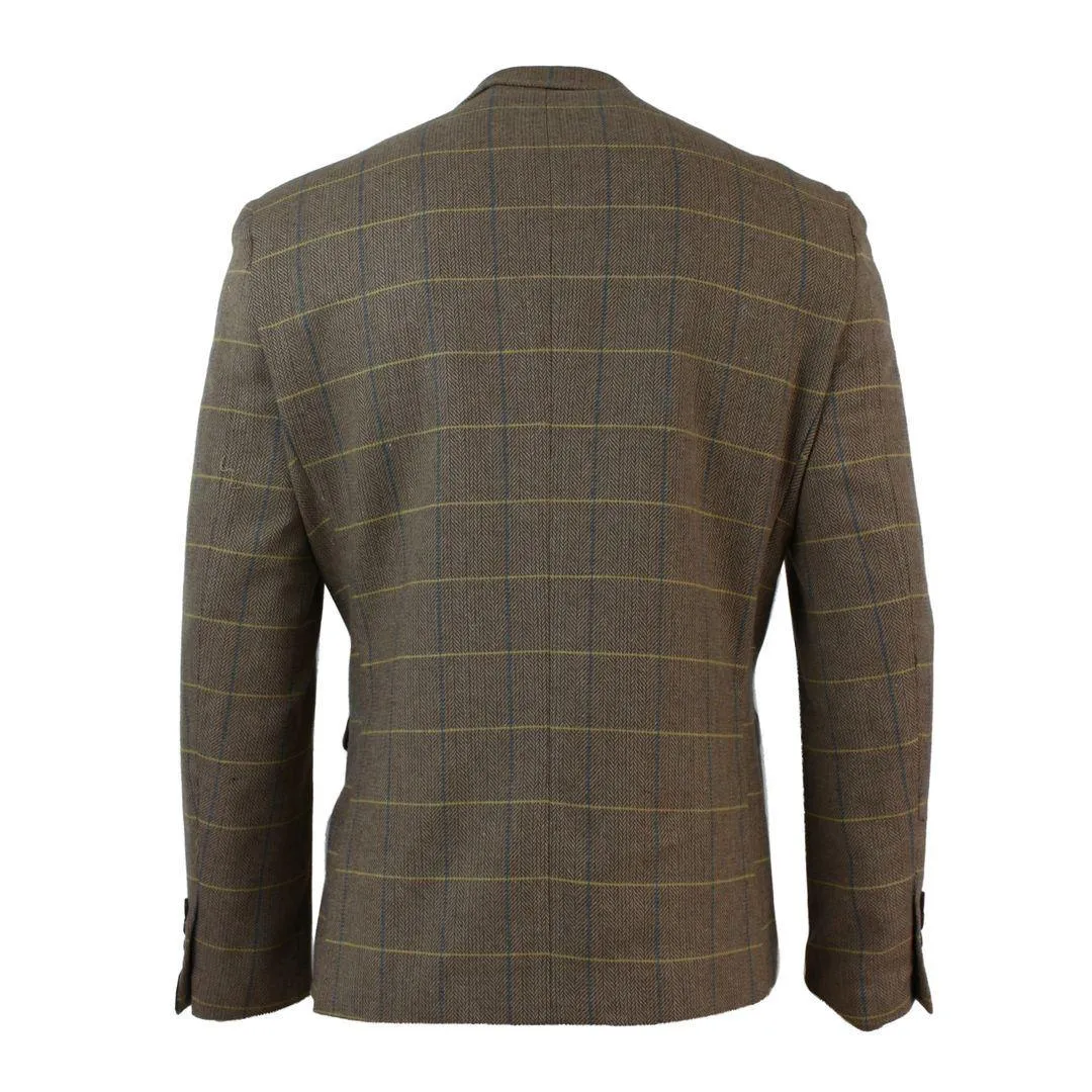 Mens Check Vintage Herringbone Tweed Tan Brown Blazer Jacket Fitted