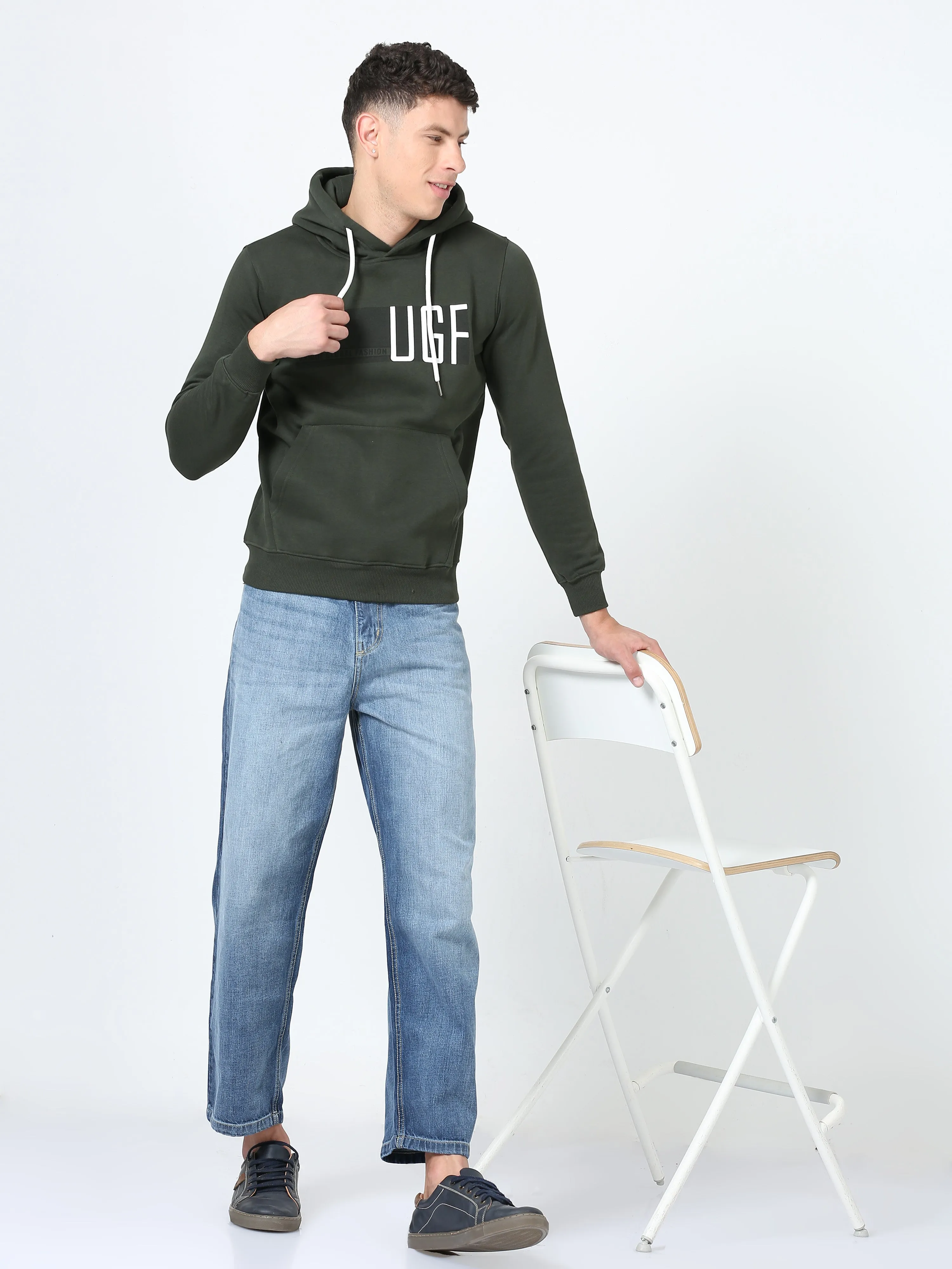 Men's Green Regular Fit Printed Hoodie Full Sleeves Casual Sweatshirt