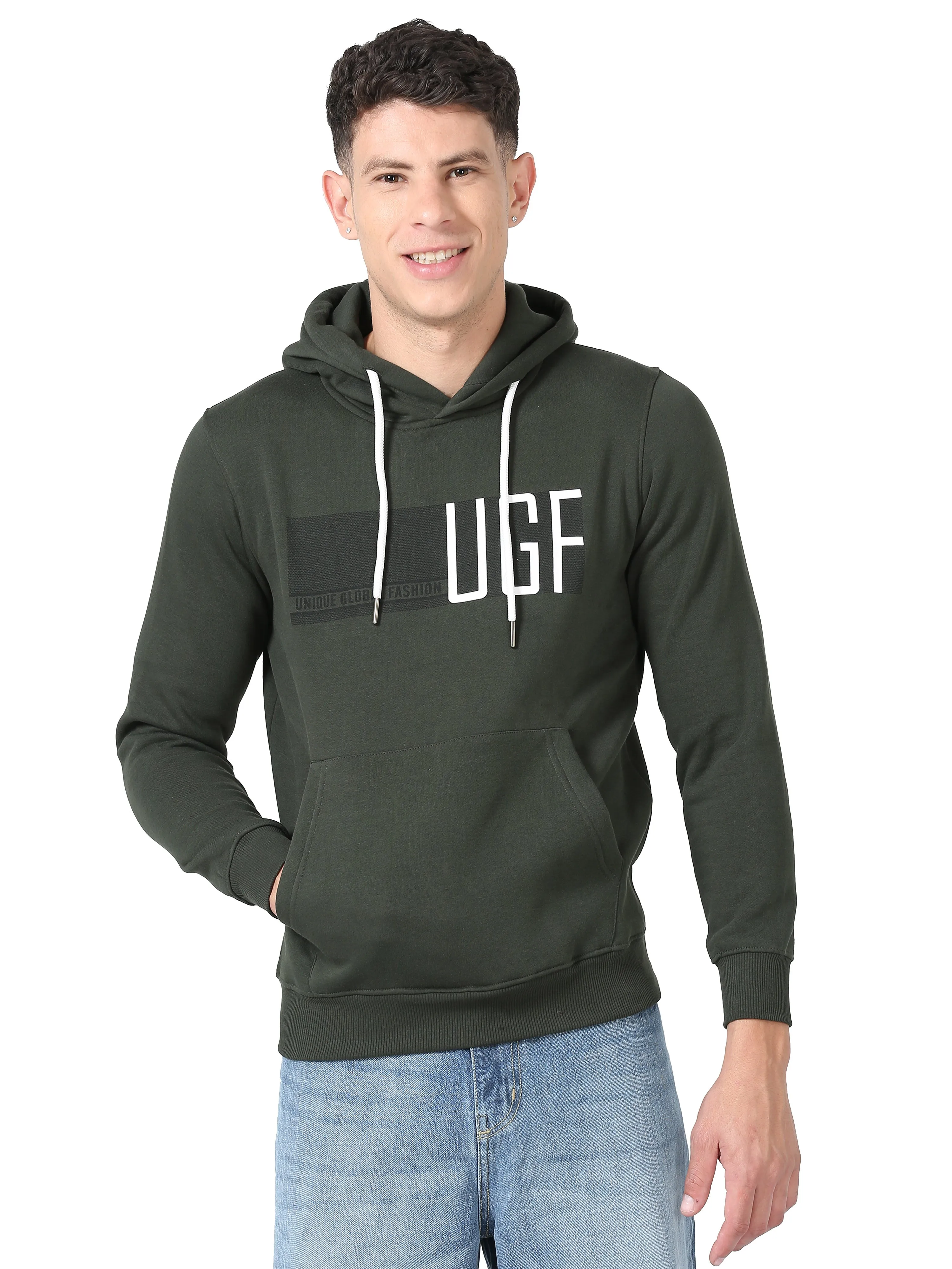 Men's Green Regular Fit Printed Hoodie Full Sleeves Casual Sweatshirt