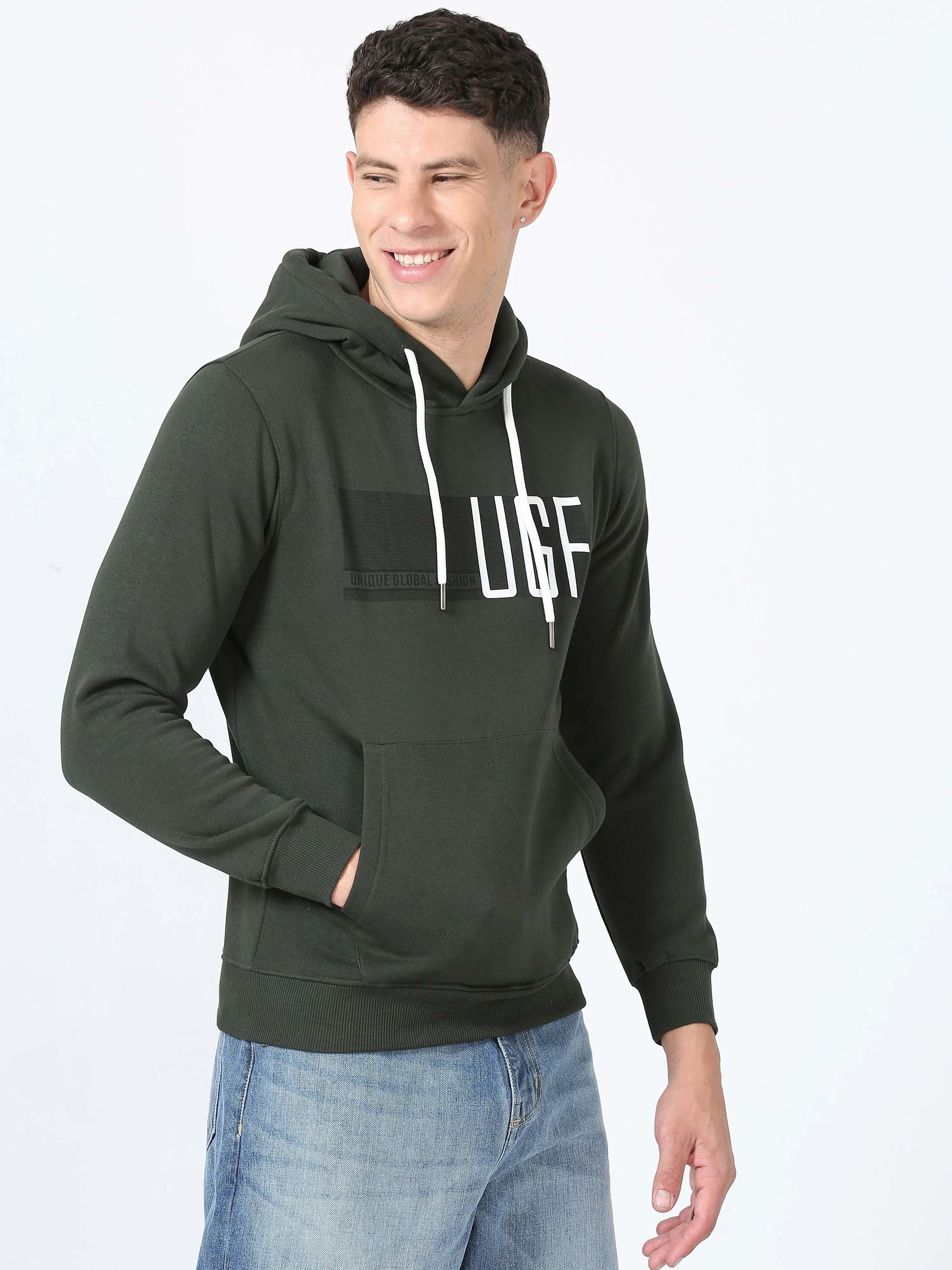 Men's Green Regular Fit Printed Hoodie Full Sleeves Casual Sweatshirt