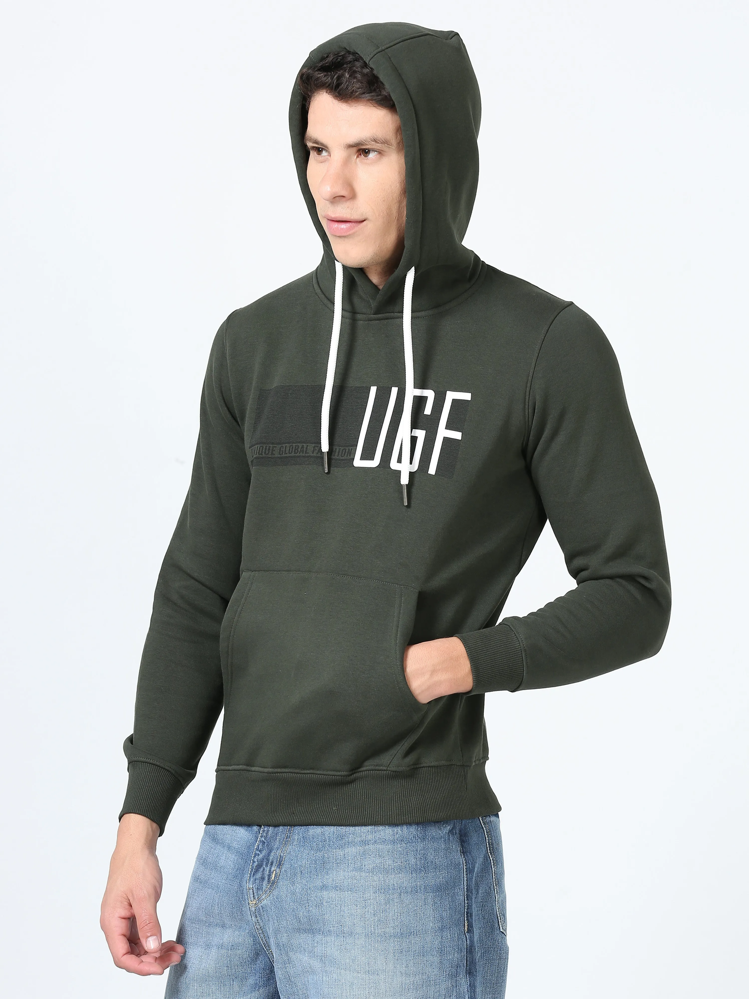 Men's Green Regular Fit Printed Hoodie Full Sleeves Casual Sweatshirt