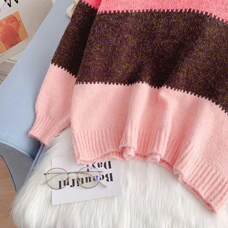 Mohair Contrast Color Loose Outer Wear Gentle Women's Sweater