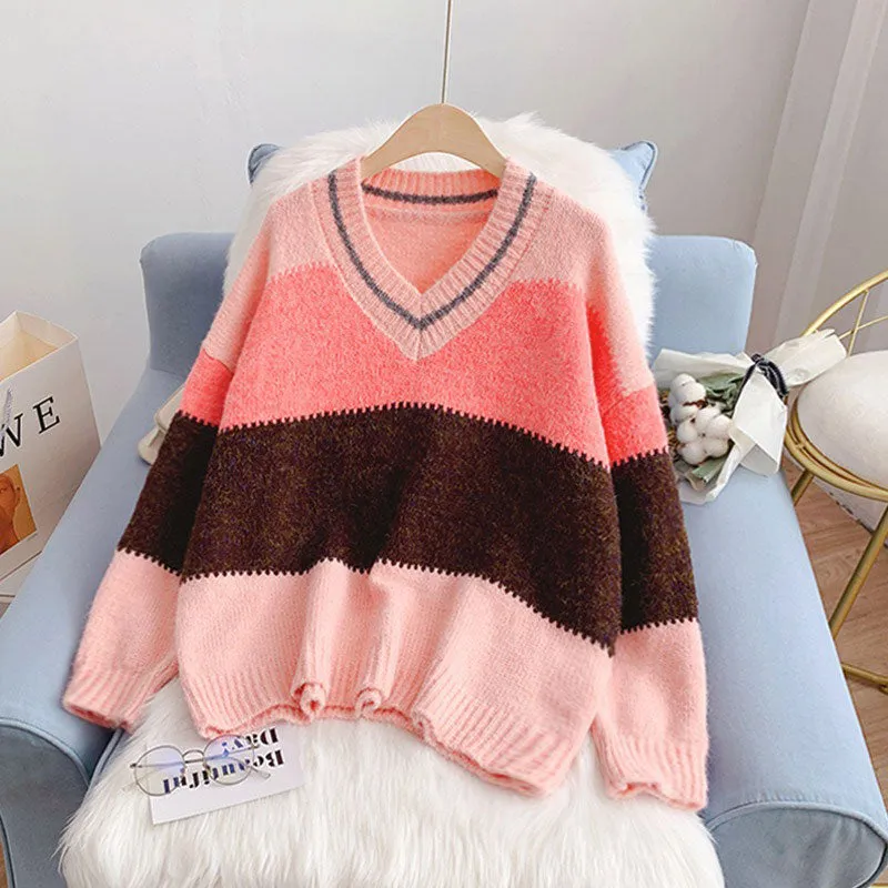 Mohair Contrast Color Loose Outer Wear Gentle Women's Sweater