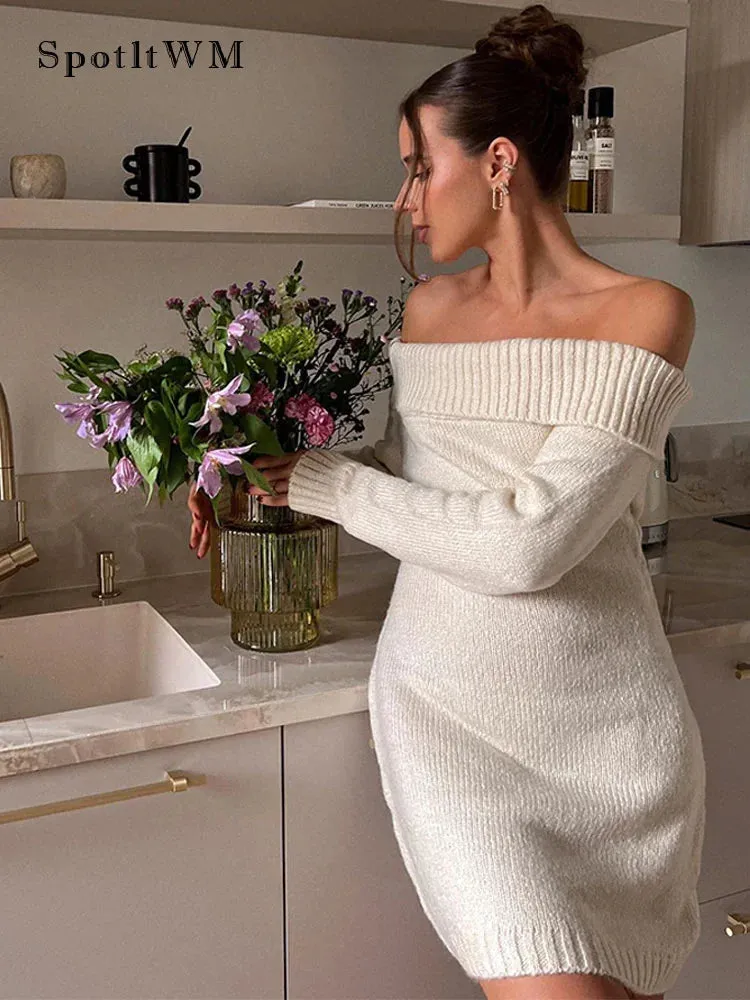 Mqtime Women Elegant Off Shoulder Slash Neck Knitted Long Sleeve Dresses Fashion Chic Solid Dress  Autumn Female Commuting Vestidos