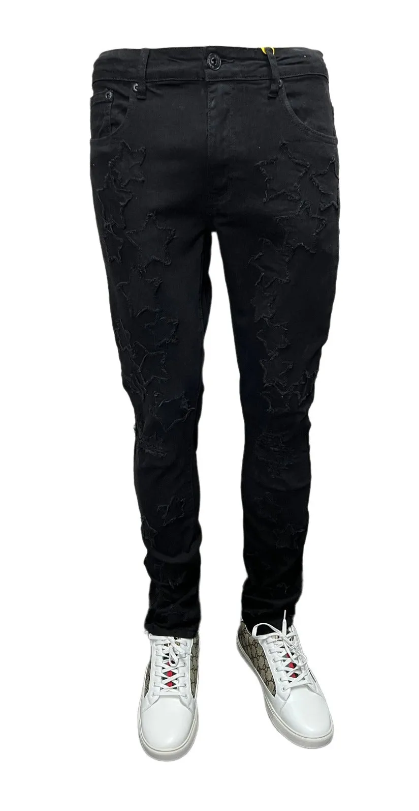 M.Society Black Men's Jeans with Stars Fashion Design Skinny-Fit Stretch Fabric