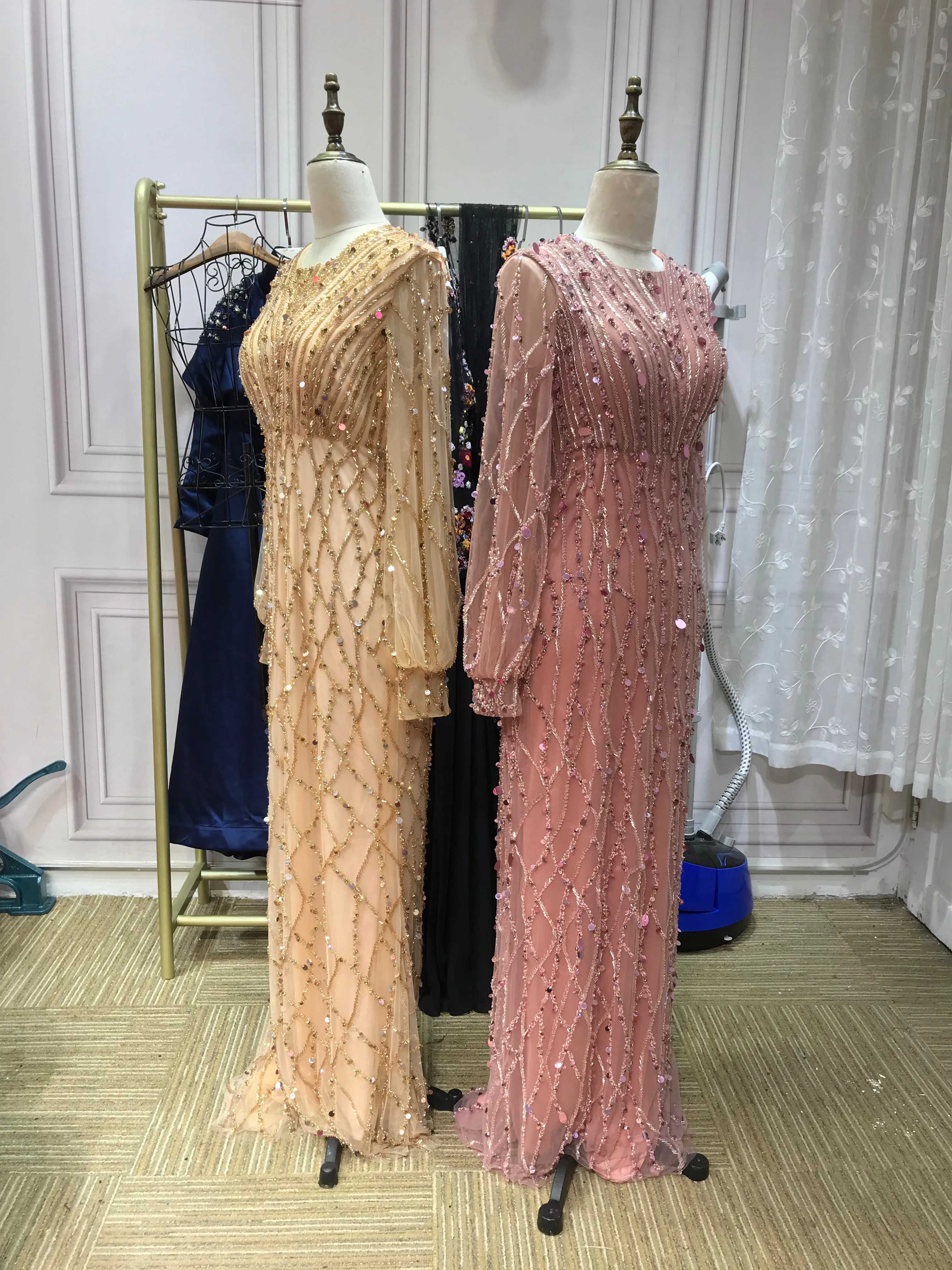 Muslim fashion long sleeves handmade beaded gold dusty pink crystals sequins rhinestone mermaid engagement prom couture dresses