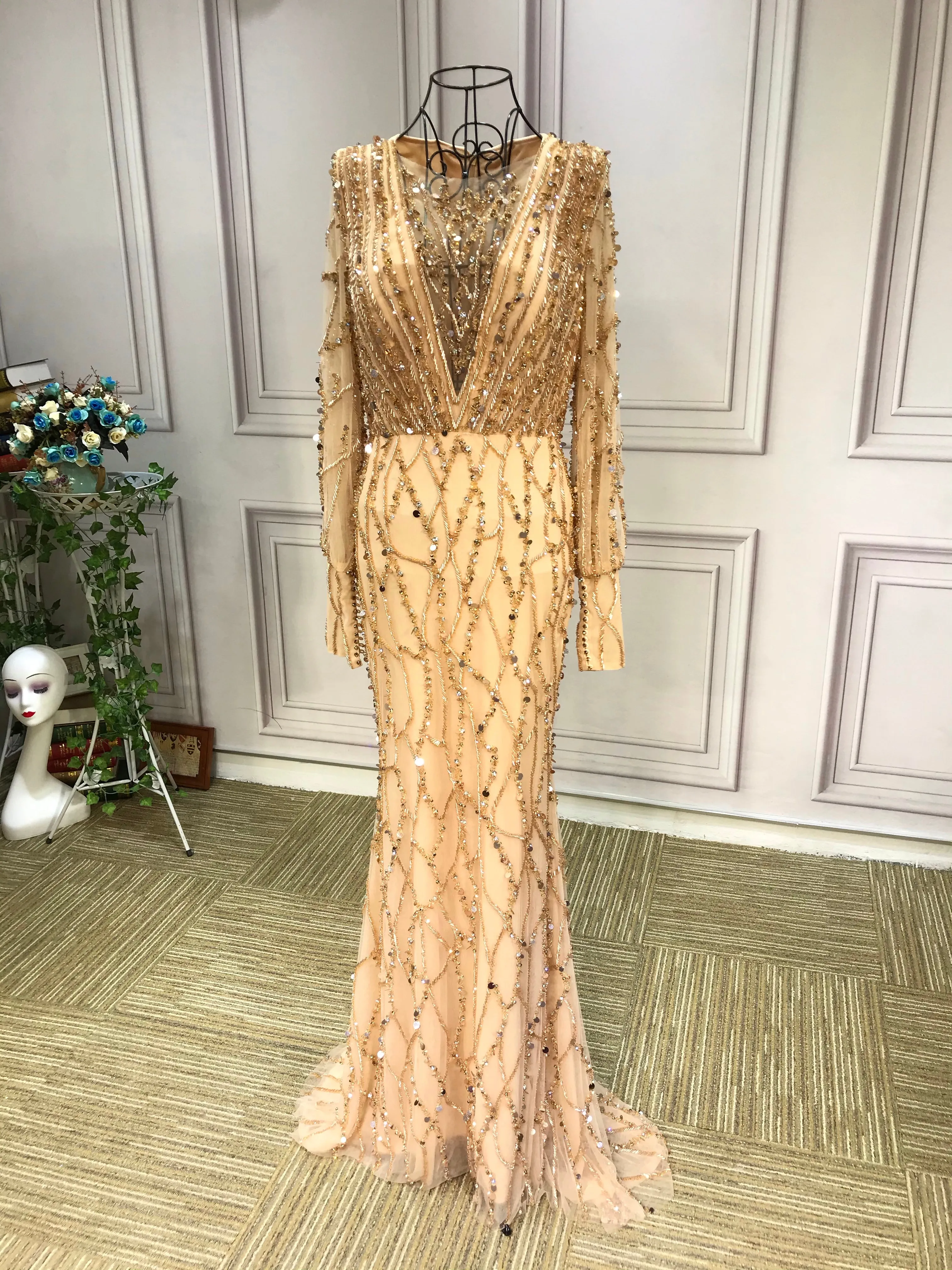 Muslim fashion long sleeves handmade beaded gold dusty pink crystals sequins rhinestone mermaid engagement prom couture dresses