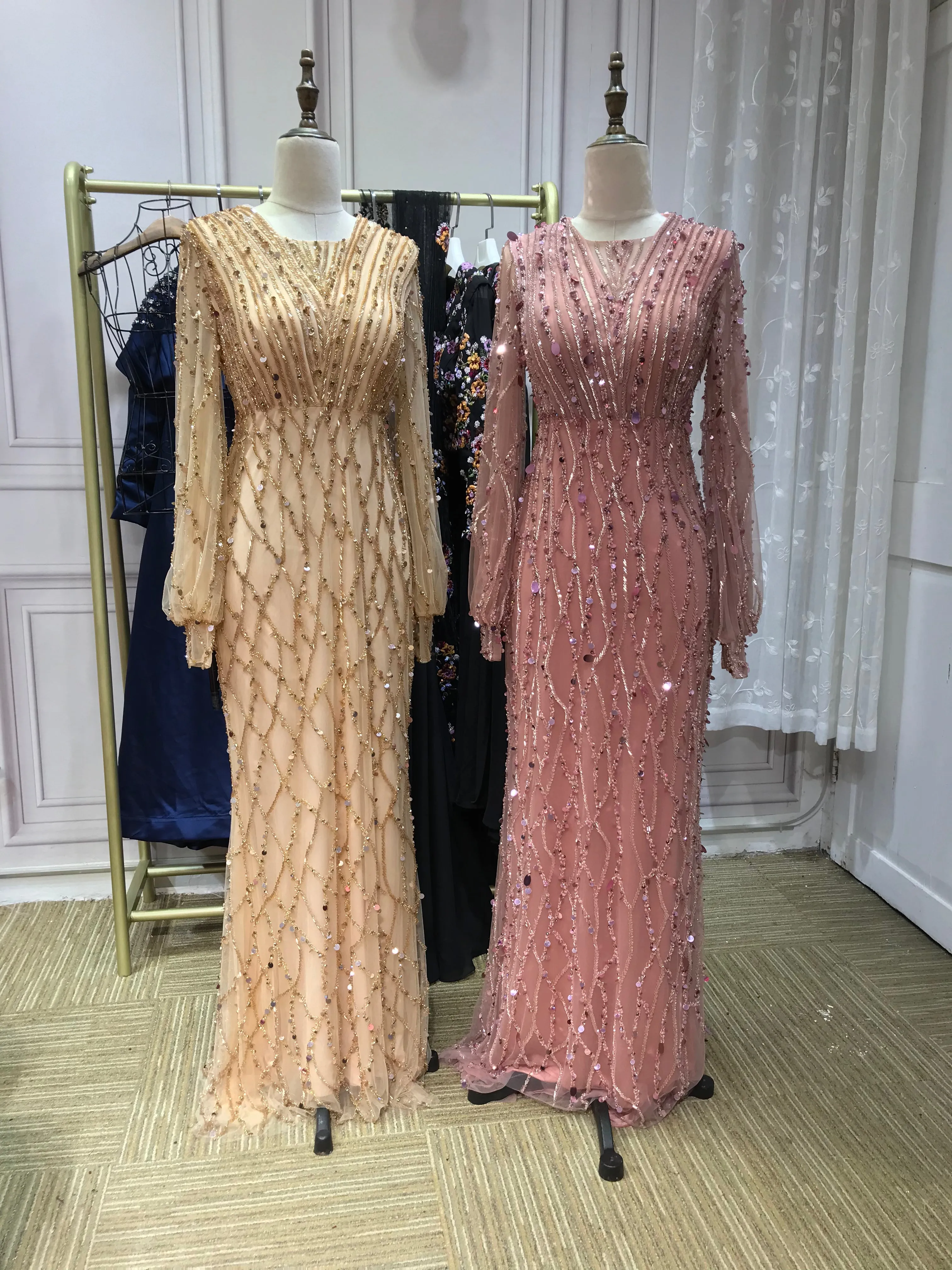 Muslim fashion long sleeves handmade beaded gold dusty pink crystals sequins rhinestone mermaid engagement prom couture dresses