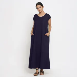 Navy Blue Cotton Flax Scoop Neck Paneled Maxi Dress