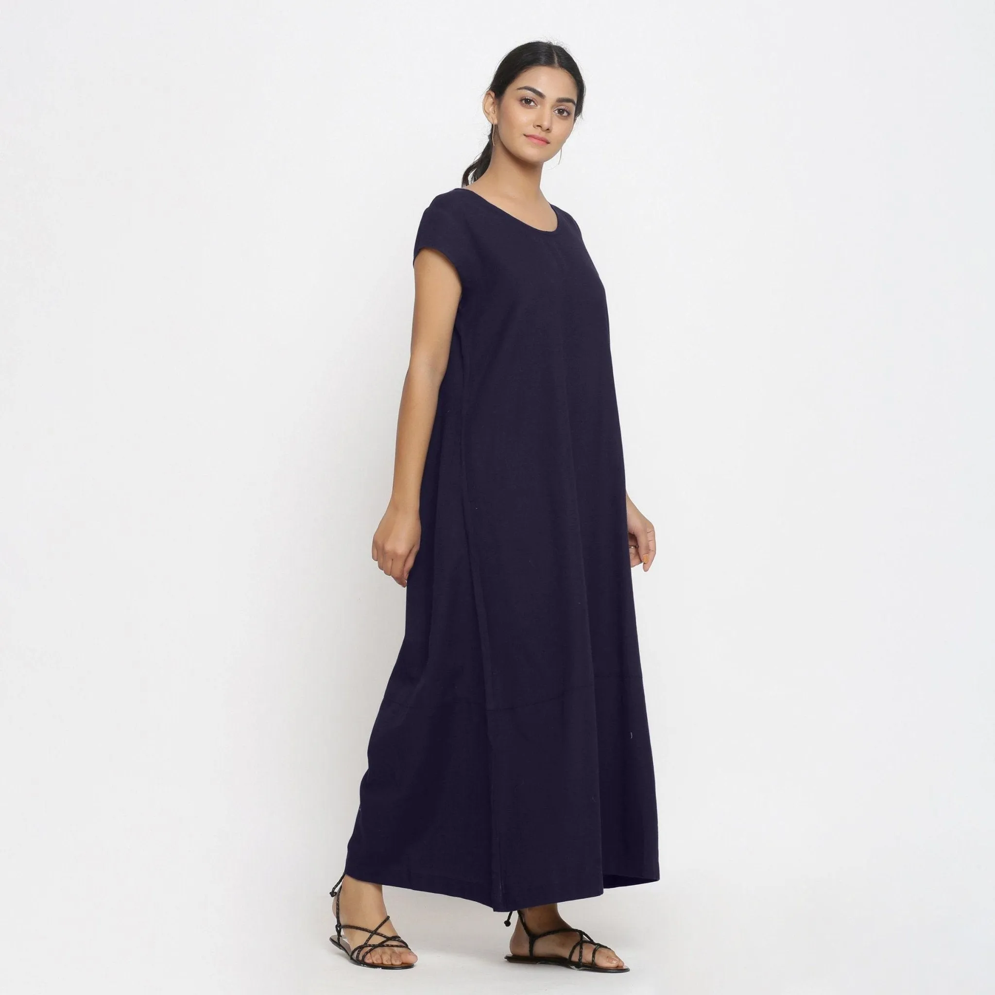 Navy Blue Cotton Flax Scoop Neck Paneled Maxi Dress