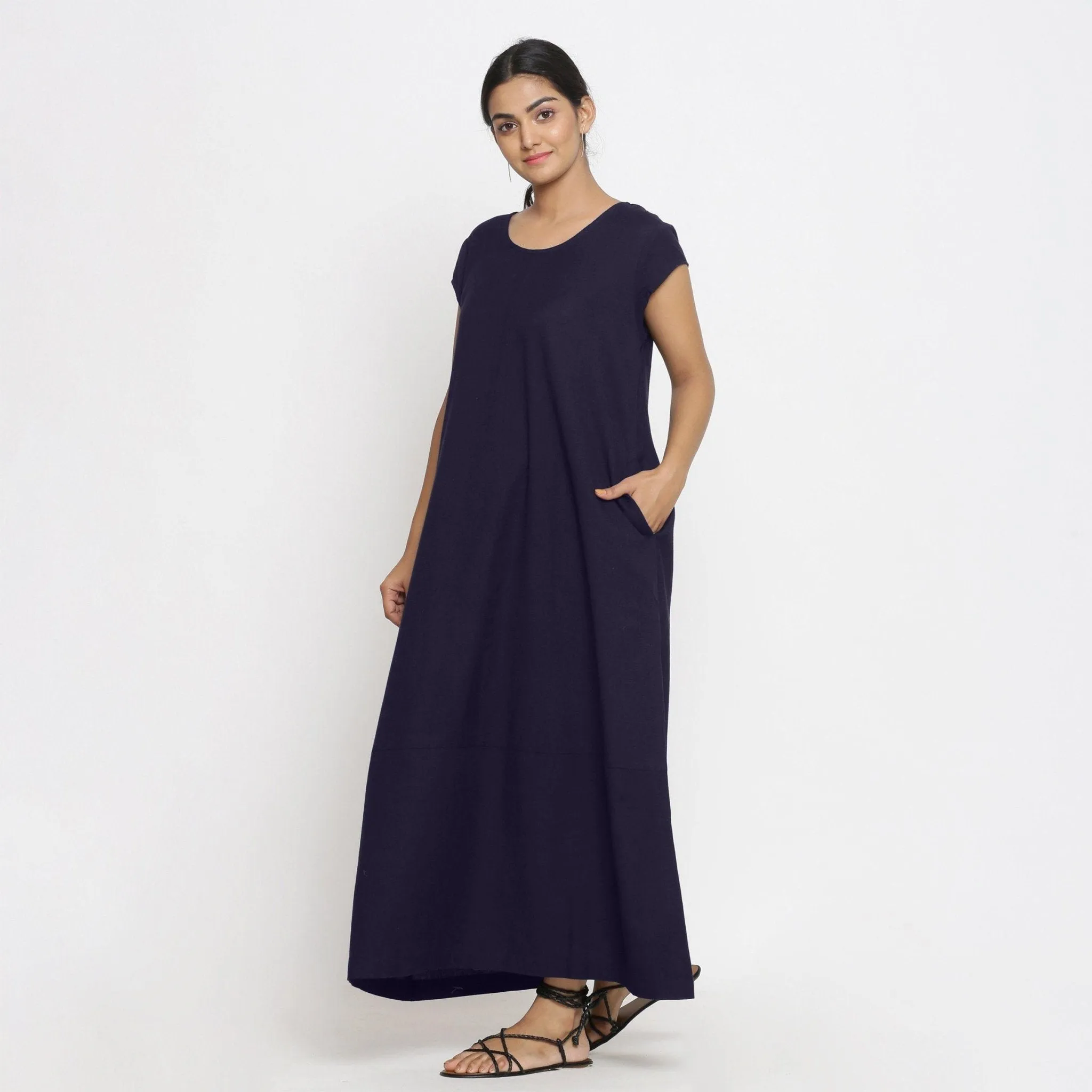 Navy Blue Cotton Flax Scoop Neck Paneled Maxi Dress