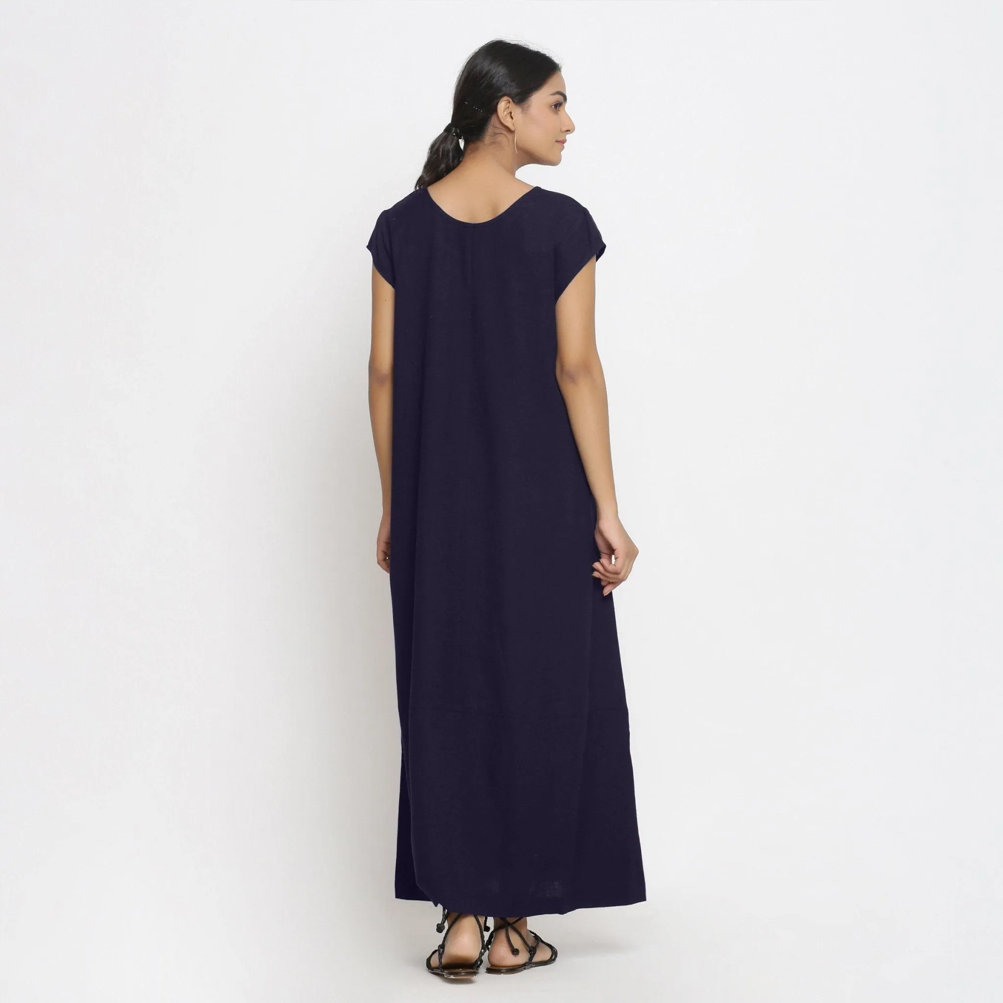 Navy Blue Cotton Flax Scoop Neck Paneled Maxi Dress