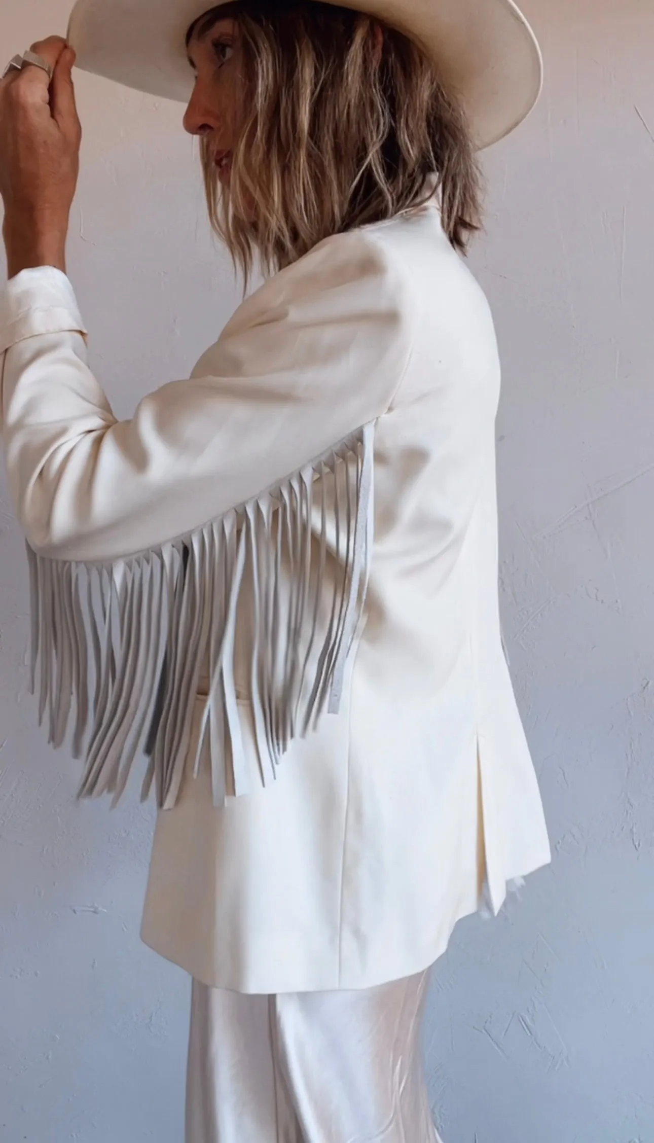 NEW!! Designer Vintage Blazer with Cowhide Fringe in Cream by Westerly - Option #1, Size Medium