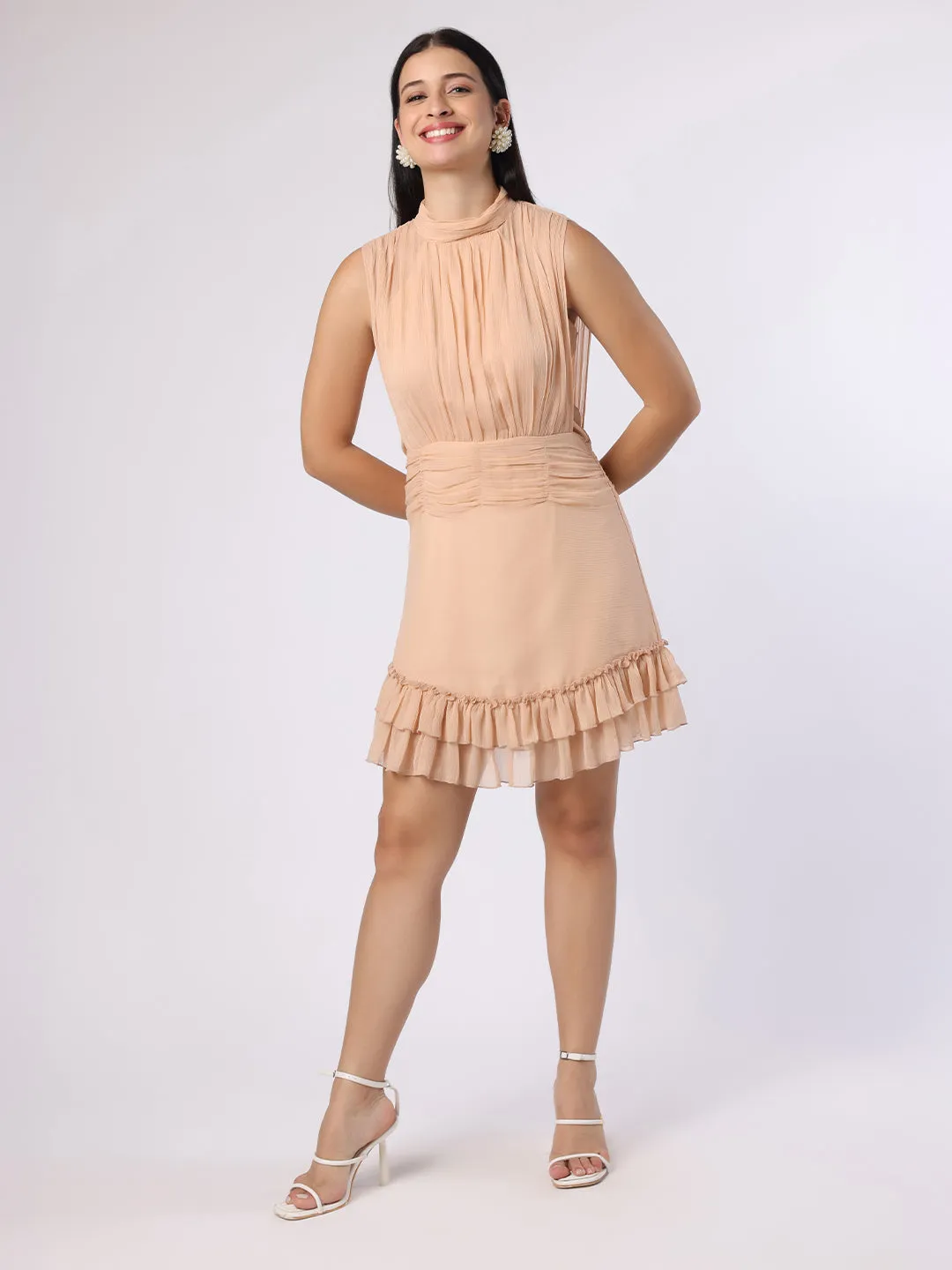 Nude Peach Ruched Short Dress