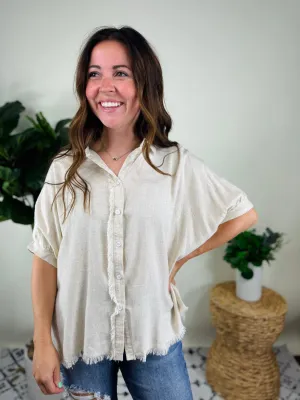 Oatmeal Linen Button Down Collared Top